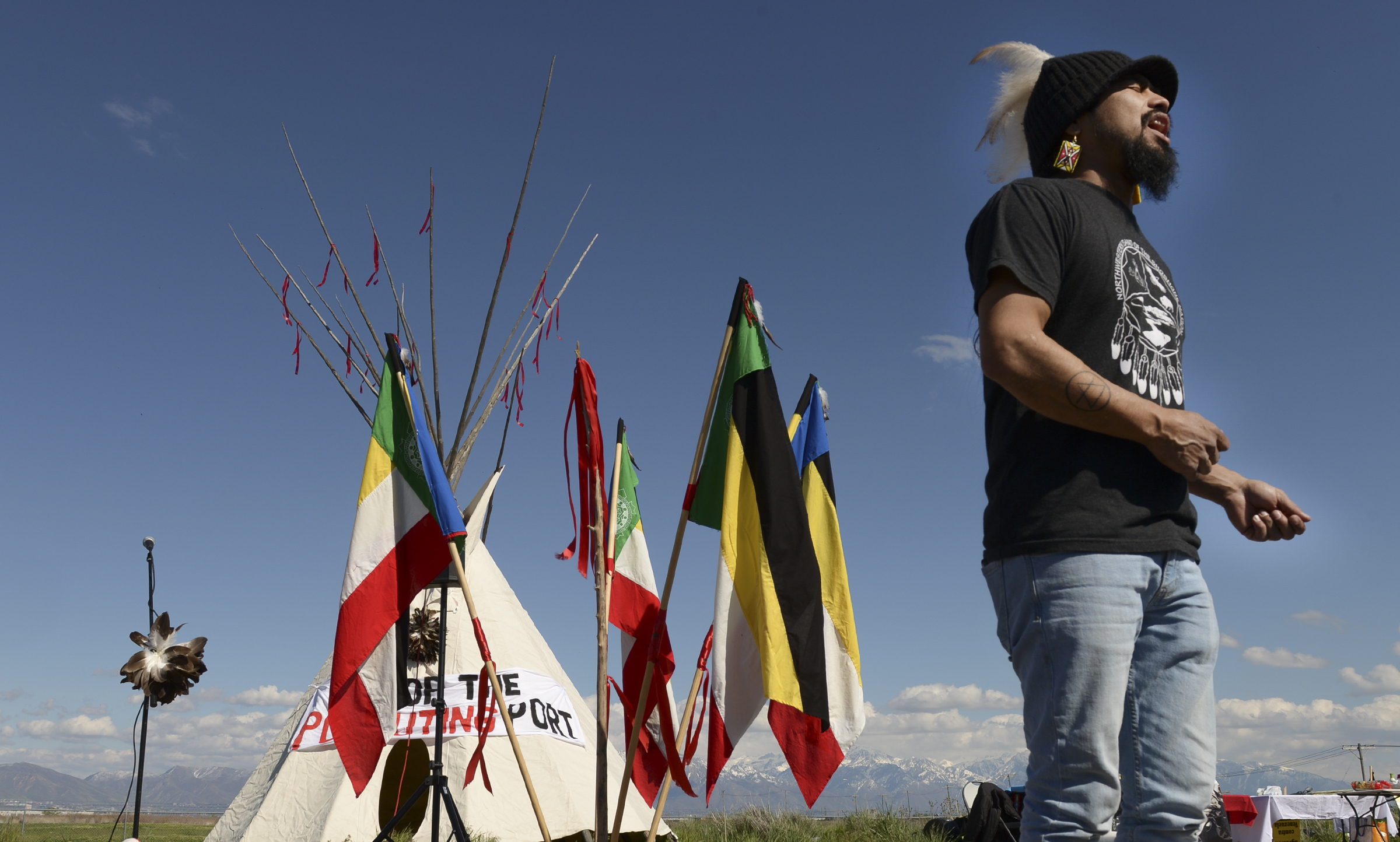 Leah Hogsten | The Salt Lake Tribune Carl Moore, a Hopi and Chemehuevi Native American sings in honor of Mother Earth. Moore performed a hoop dance, made offerings to Mother Earth and gave a prayer. The "Stop the Polluting Port" community coalition staged a May Day celebration, calling for respect and awareness of the water, earth and air regarding the 20,000 acres west of Salt Lake City where the inland port industrial site has been proposed.