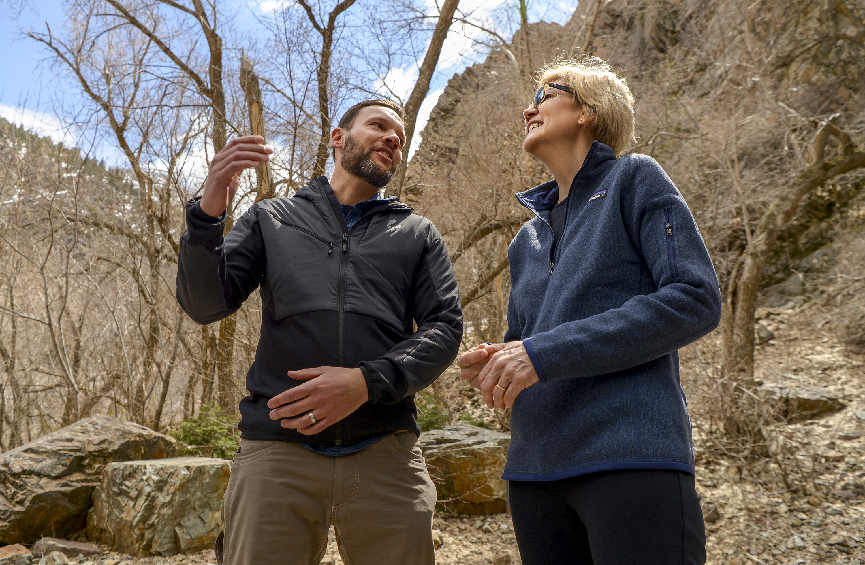 Leah Hogsten | The Salt Lake Tribune Massachusetts Sen. Elizabeth Warren takes a walking tour with Carl Fisher, executive director of UtahÕs Save Our Canyons organizationat Storm Mountain Picnic Area in Big Cottonwood Canyon, April 17, 2019 before speaking to Utah supporters Wednesday evening. Sen. Warren is a Democratic 2020 presidential candidate. 