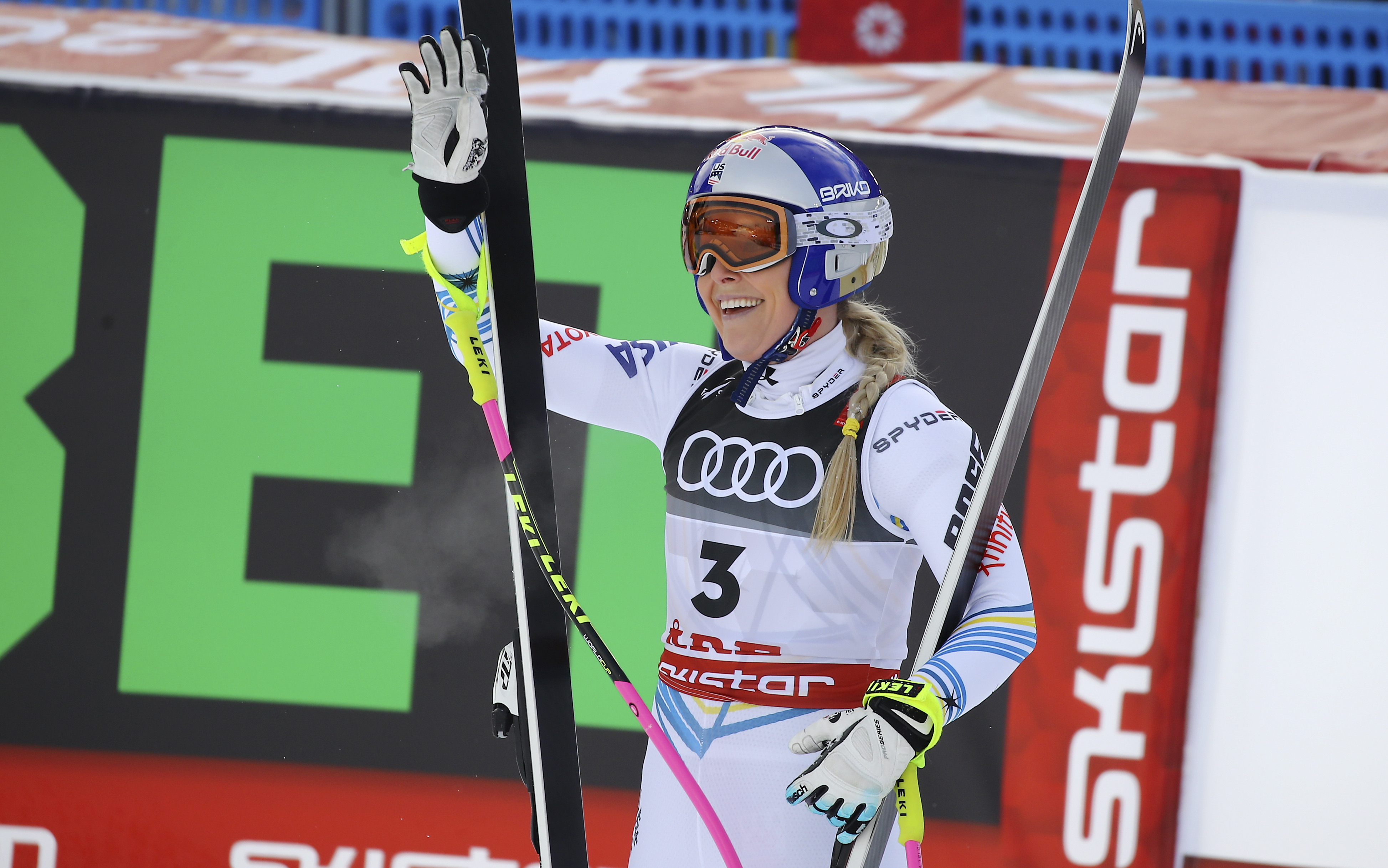 United States' Lindsey Vonn smiles in the finish area after the women's downhill race, at the alpine ski World Championships in Are, Sweden, Sunday, Feb. 10, 2019. (AP Photo/Marco Trovati)