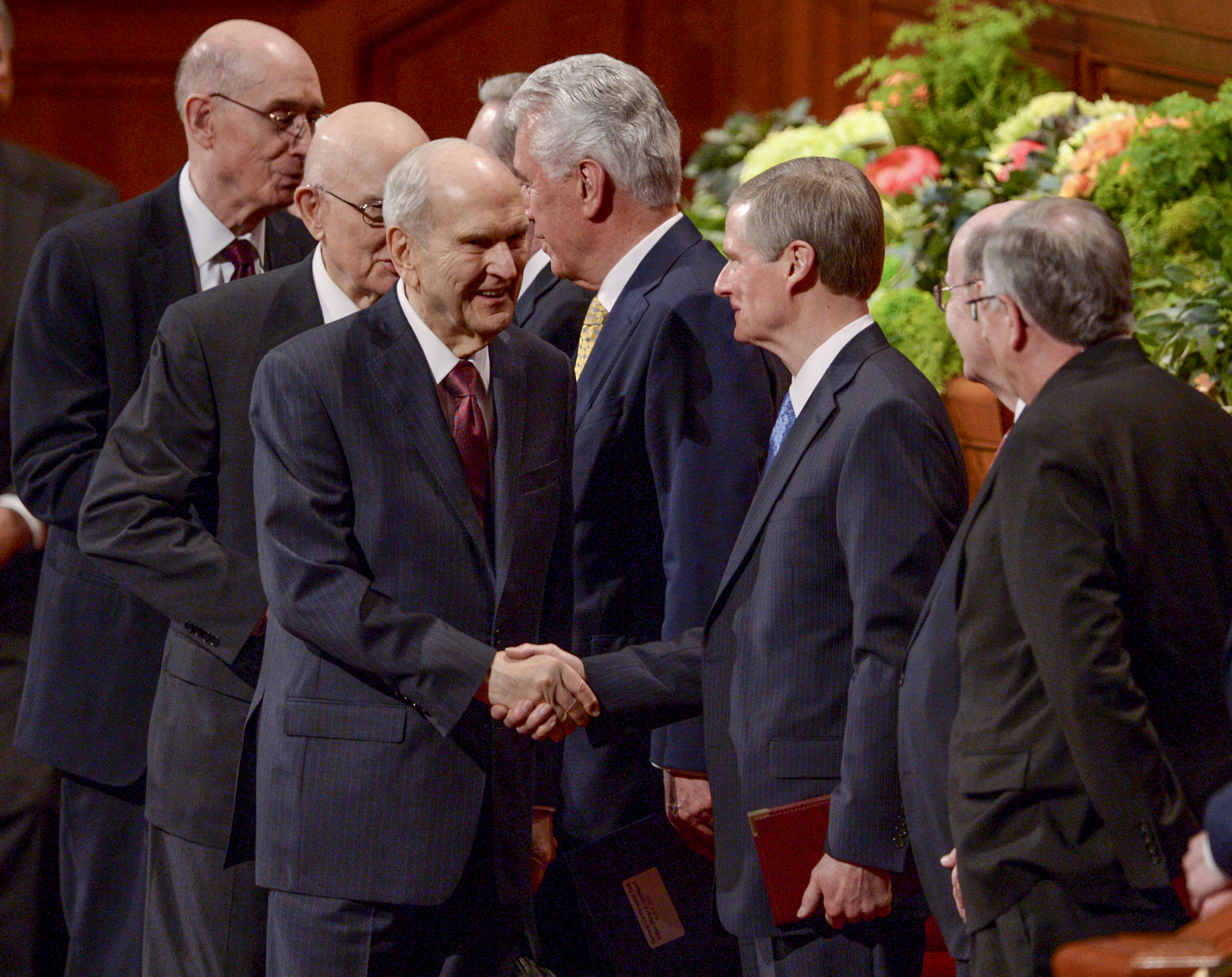 Leah Hogsten | The Salt Lake Tribune President Russell M. Nelson greets Elder David A. Bednar at the close of the morning session of the 189th Annual General Conference of The Church of Jesus Christ of Latter-day Saints, April 6, 2019 in Salt Lake City. 