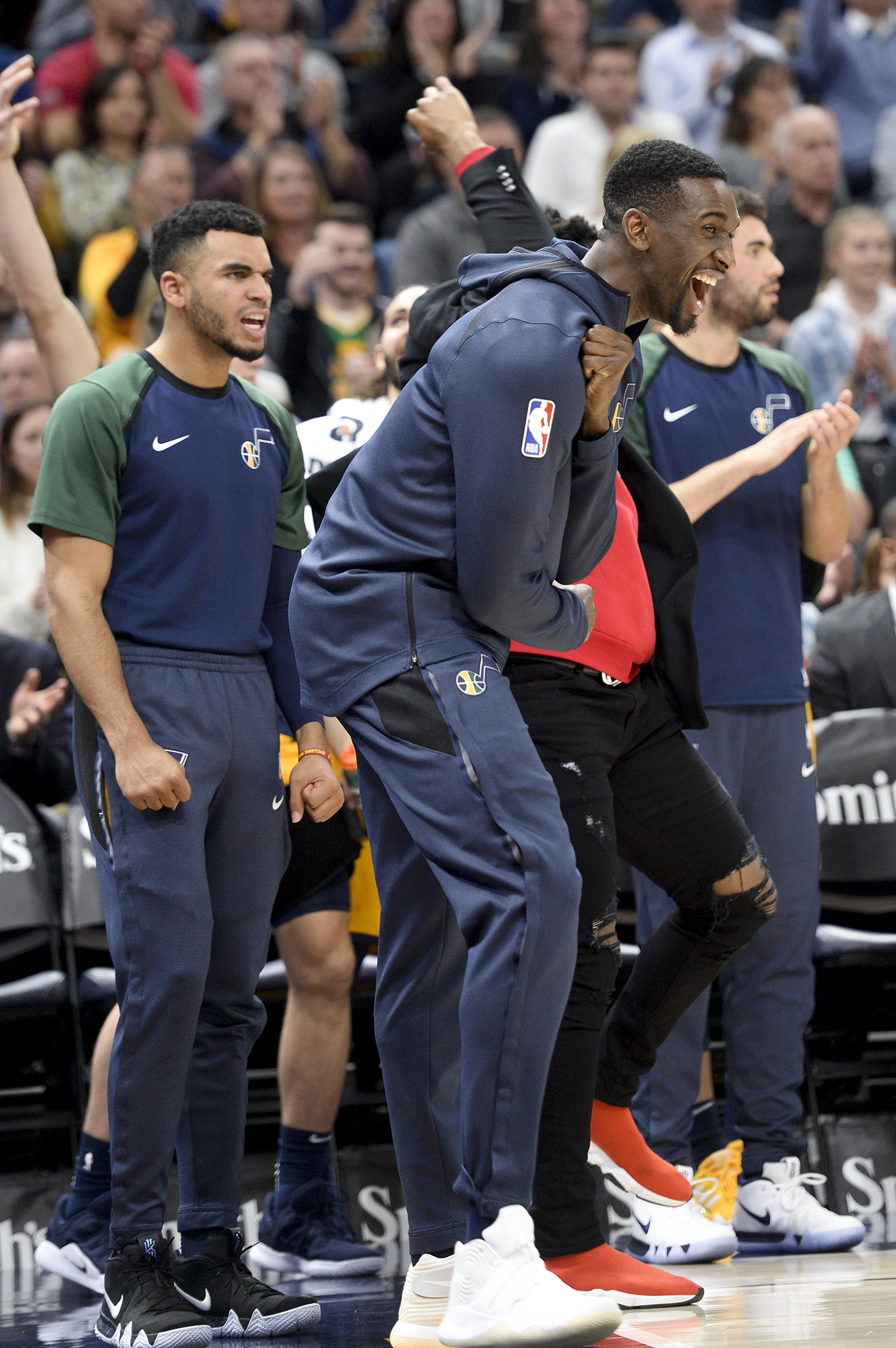 Leah Hogsten | The Salt Lake Tribune Utah Jazz center Ekpe Udoh (33) celebrates play as the Utah Jazz host the Toronto Raptors, Monday, Nov. 5, 2018 at Vivant Smart Home Arena.