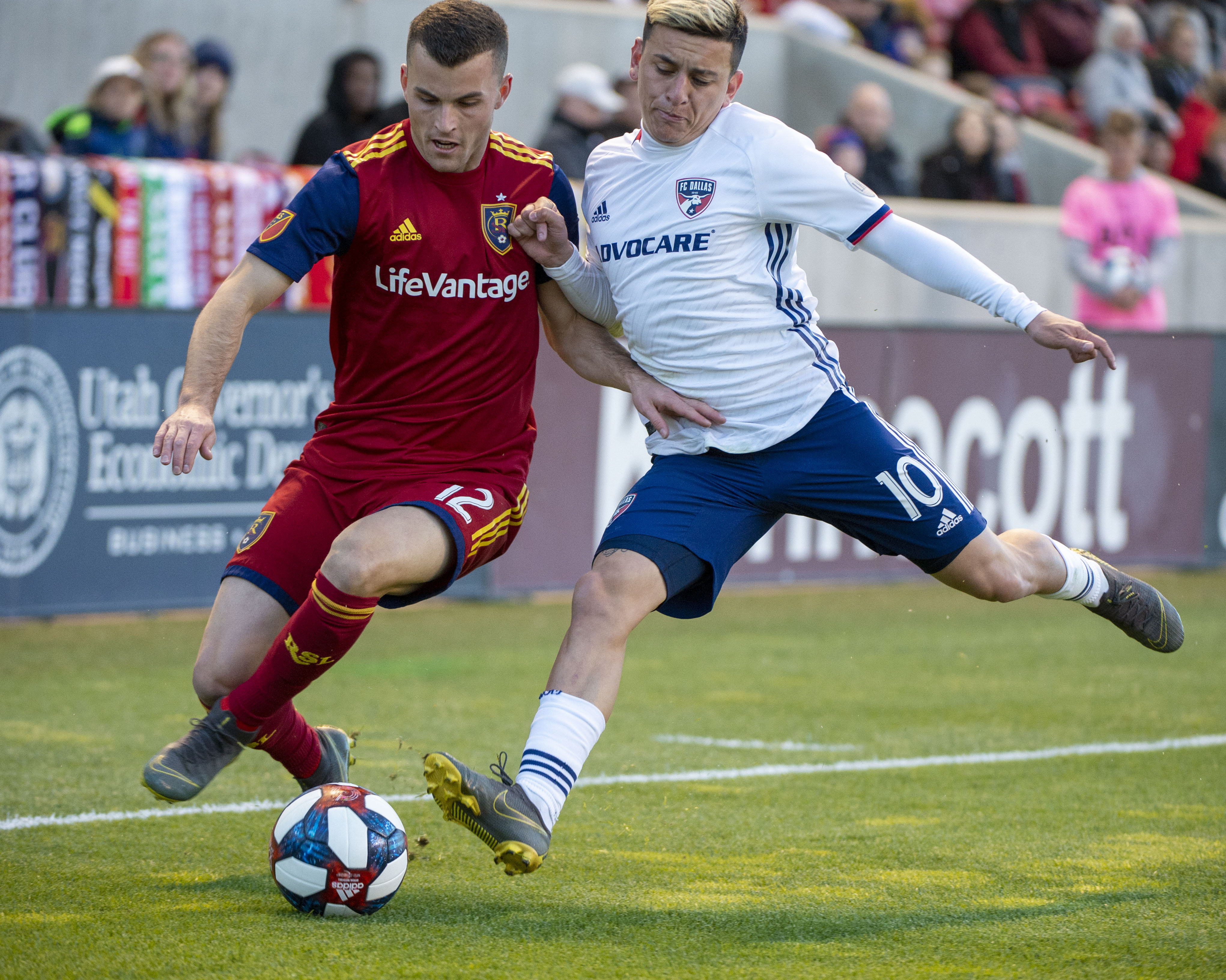 (Rick Egan | The Salt Lake Tribune) Real Salt Lake forward Brooks Lennon (12) goes for the ball along with FC Dallas midfielder Pablo Aranguiz, in MLS action between Real Salt Lake and FC Dallas, at Rio Tinto Stadium, Saturday, March 30, 2019. 