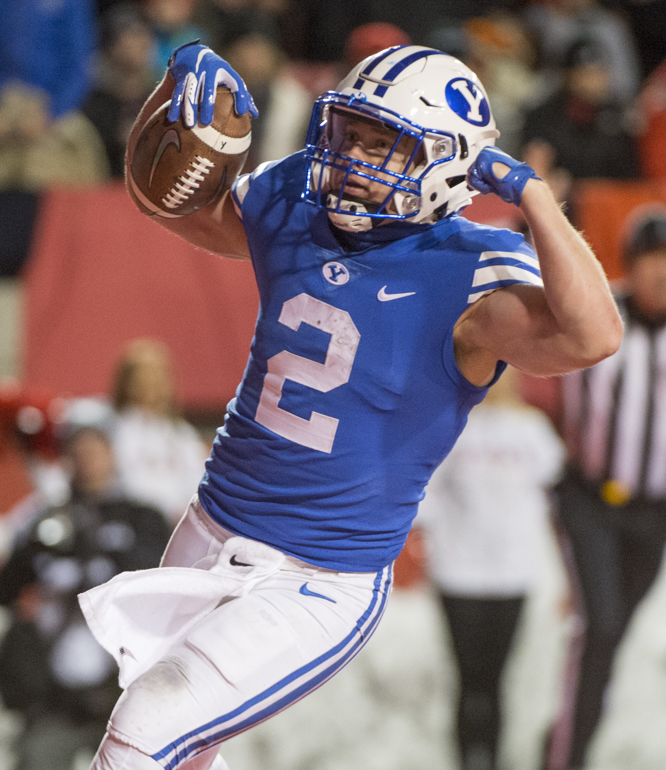 (Rick Egan | The Salt Lake Tribune) Brigham Young running back Matt Hadley (2) scores a touchdown for the Cougars, in football action between the Brigham Young Cougars and the Utah Utes, at Rice-Eccles Stadium, Saturday, November 24, 2018. 