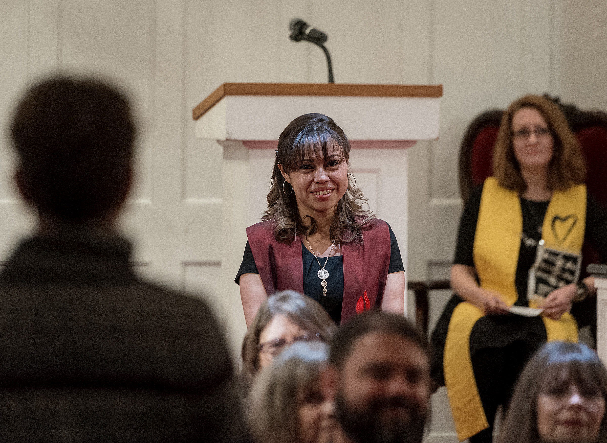 Michael Mangum | Special to the Tribune Members of the congregation give Vicky Chavez, center, their well wishes, as Rev. Monica Dobbins, right, listens during a vigil held at First Unitarian Church in Salt Lake City, UT on Wednesday, January 30th, 2019. The vigil marked the one-year anniversary of when Chavez came to the church with her children seeking sanctuary from deportation.