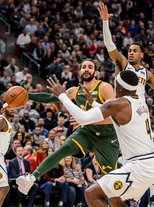 (Trent Nelson | The Salt Lake Tribune) Utah Jazz guard Ricky Rubio (3) passes the ball as the Utah Jazz host the Denver Nuggets, NBA basketball in Salt Lake City on Wednesday Jan. 23, 2019.