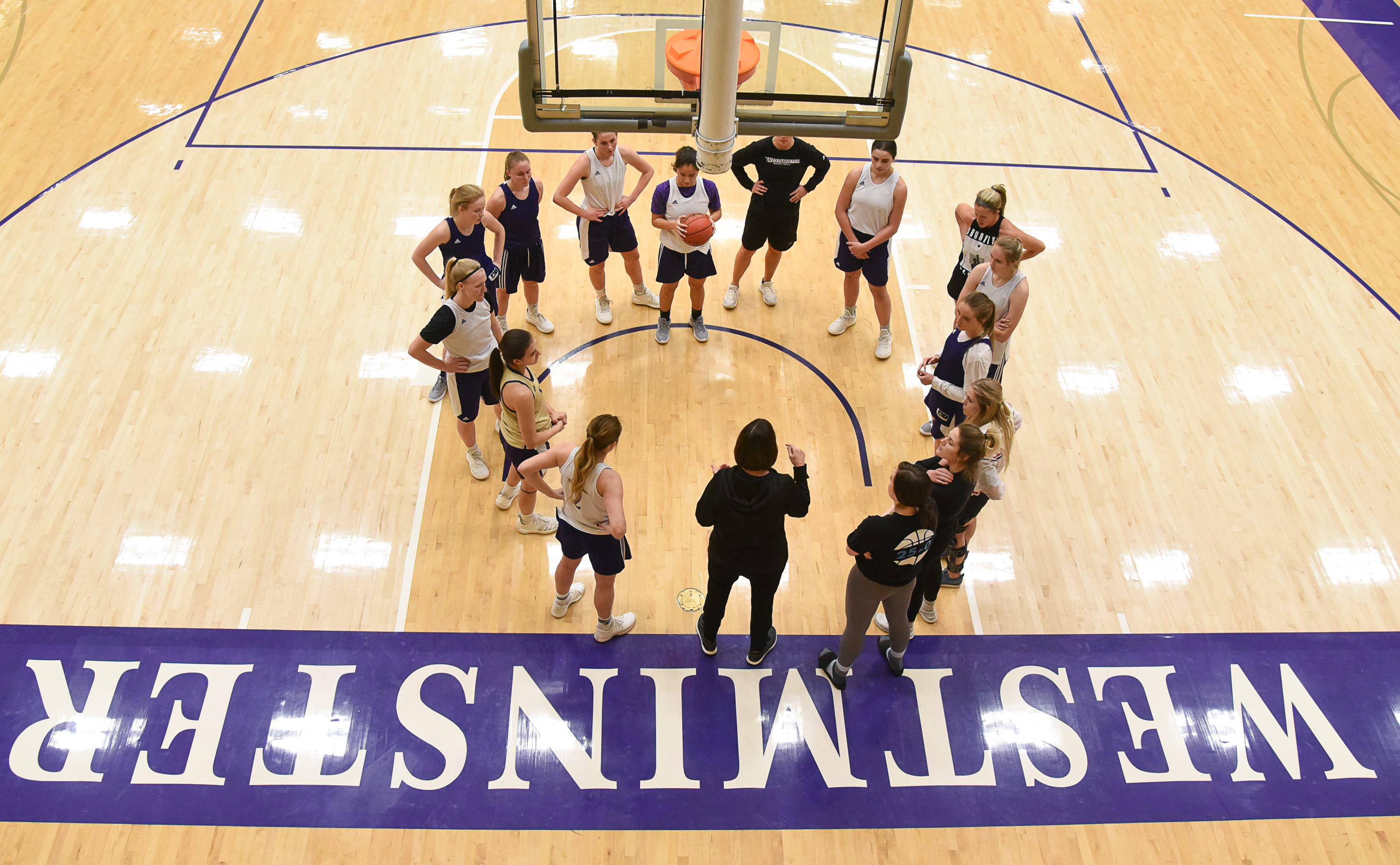 (Francisco Kjolseth | The Salt Lake Tribune) Westminster College women's basketball coach Shelley Jarrard, center, gathers her team during a practice in the Behnken Field House on Tuesday, Ja. 29, 2019. 