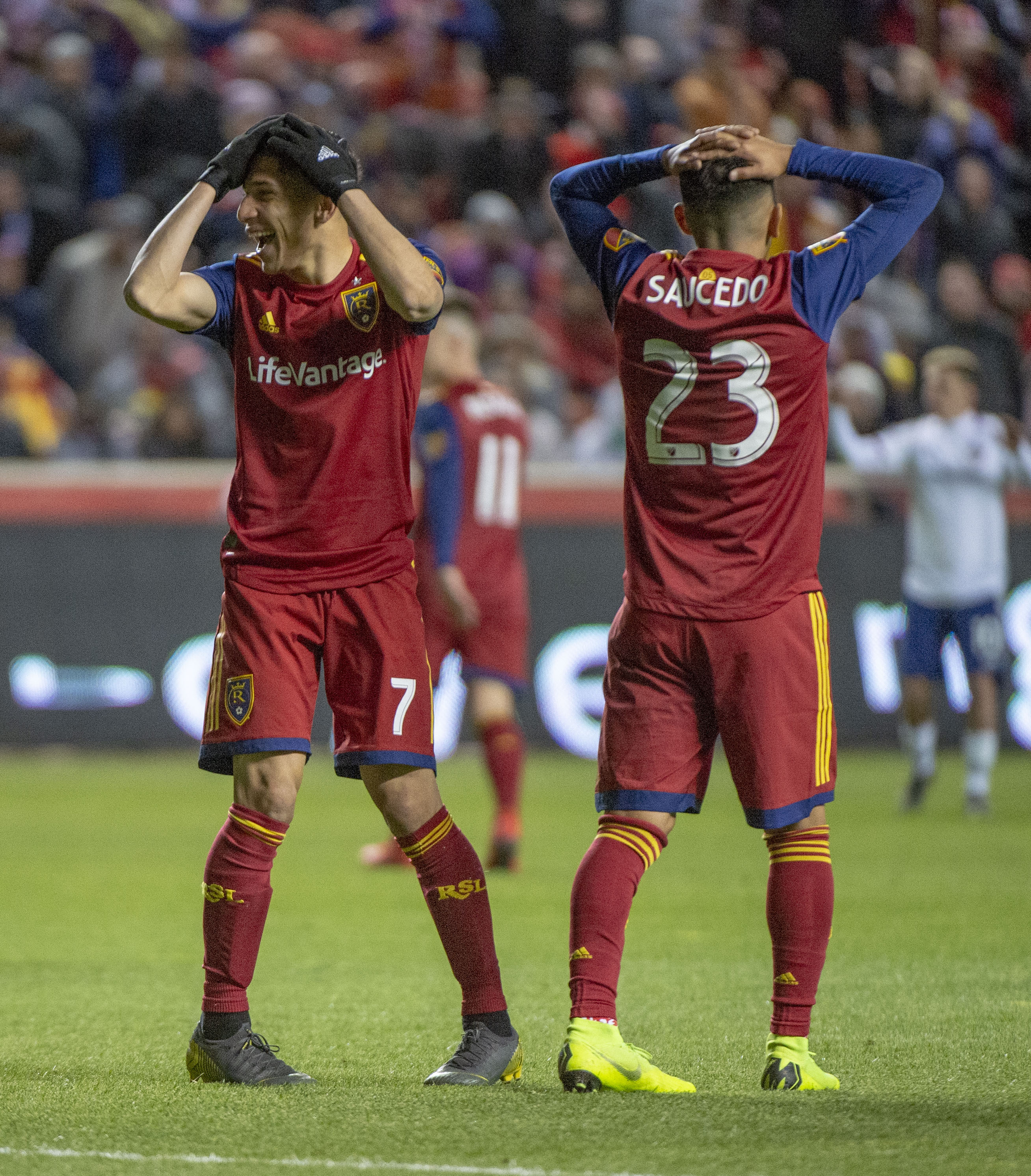(Rick Egan | The Salt Lake Tribune) FC Real Salt Lake forward Jefferson Savarino (7) and Real Salt Lake midfielder Sebastian Saucedo (23) react after narrowly missing a goal, in MLS action between Real Salt Lake and FC Dallas, at Rio Tinto Stadium, Saturday, March 30, 2019. 