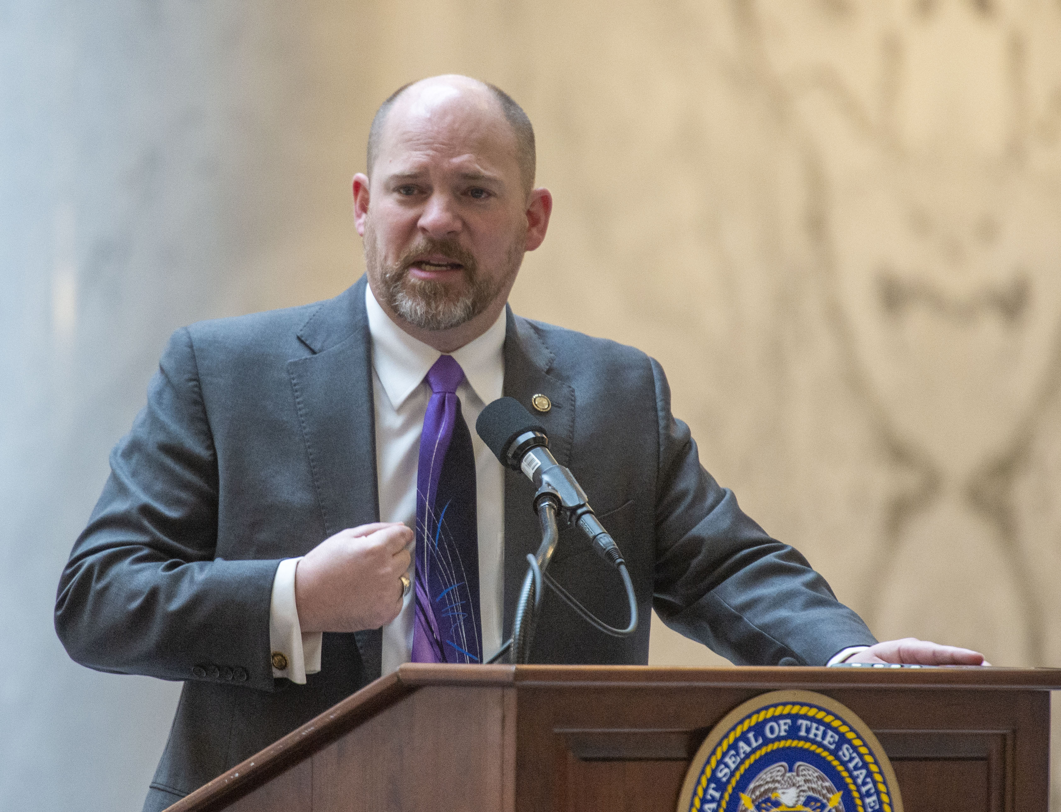 (Rick Egan | The Salt Lake Tribune) Sen. Daniel Thatcher speaks before Gov. Gary R. Herbert signed the new hate crimes bill, at the Utah State Capitol, Tuesday, April 2, 2019. 