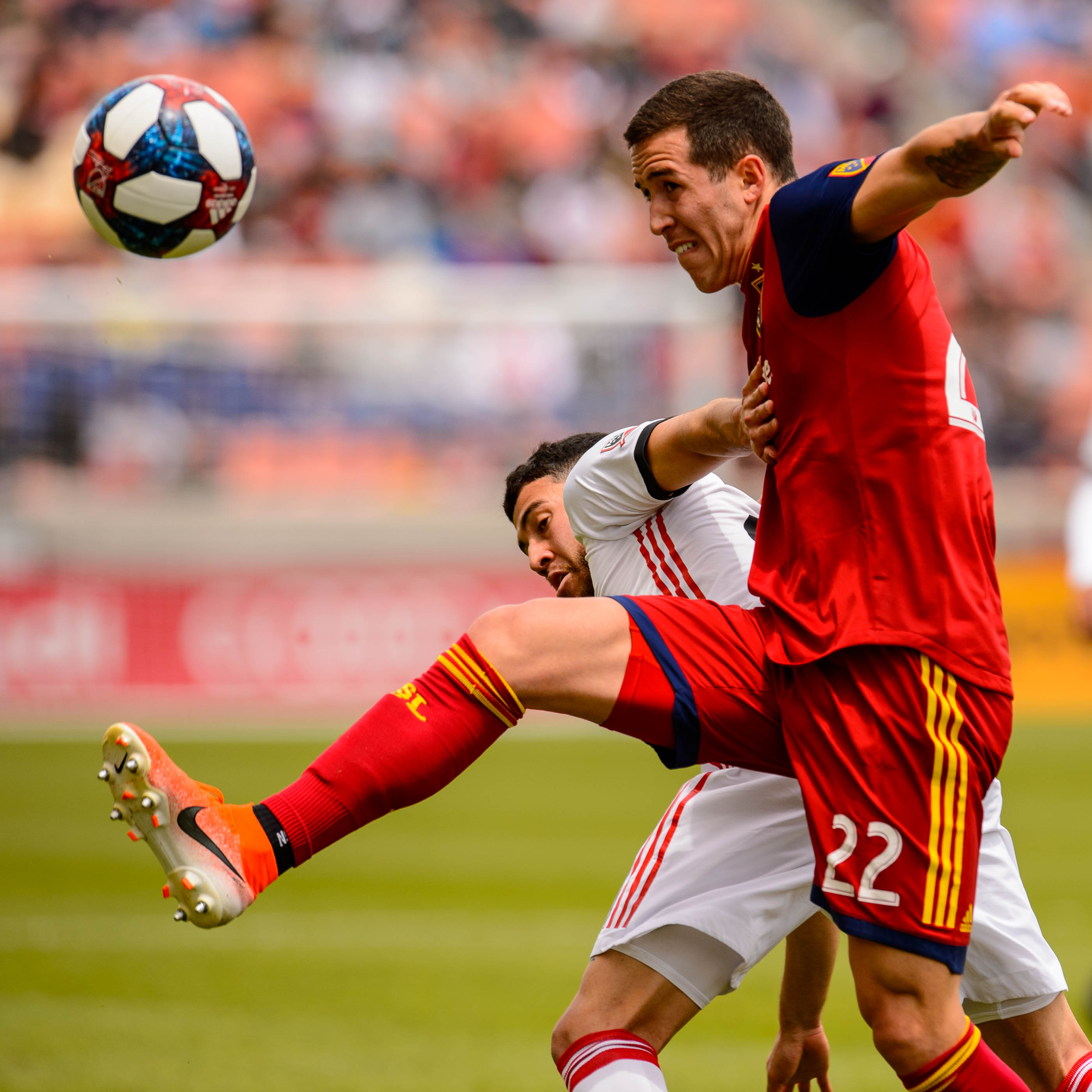 (Trent Nelson | The Salt Lake Tribune) Real Salt Lake defender Aaron Herrera (22) and Toronto FC midfielder Jonathan Osorio (21) as Real Salt Lake hosts Toronto FC, MLS Soccer at Rio Tinto Stadium in Sandy on Saturday May 18, 2019.
