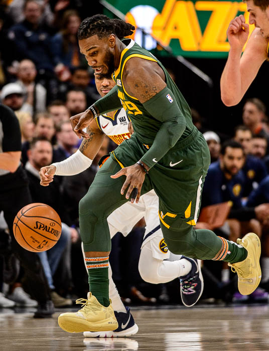 (Trent Nelson | The Salt Lake Tribune) Utah Jazz forward Jae Crowder (99) steals the ball as the Utah Jazz host the Denver Nuggets, NBA basketball in Salt Lake City on Wednesday Jan. 23, 2019.