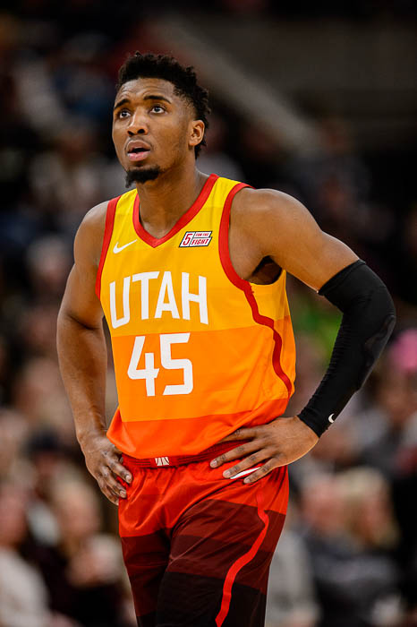 (Trent Nelson | The Salt Lake Tribune) Utah Jazz guard Donovan Mitchell (45) as the Utah Jazz host the San Antonio Spurs, NBA basketball in Salt Lake City on Saturday Feb. 9, 2019.