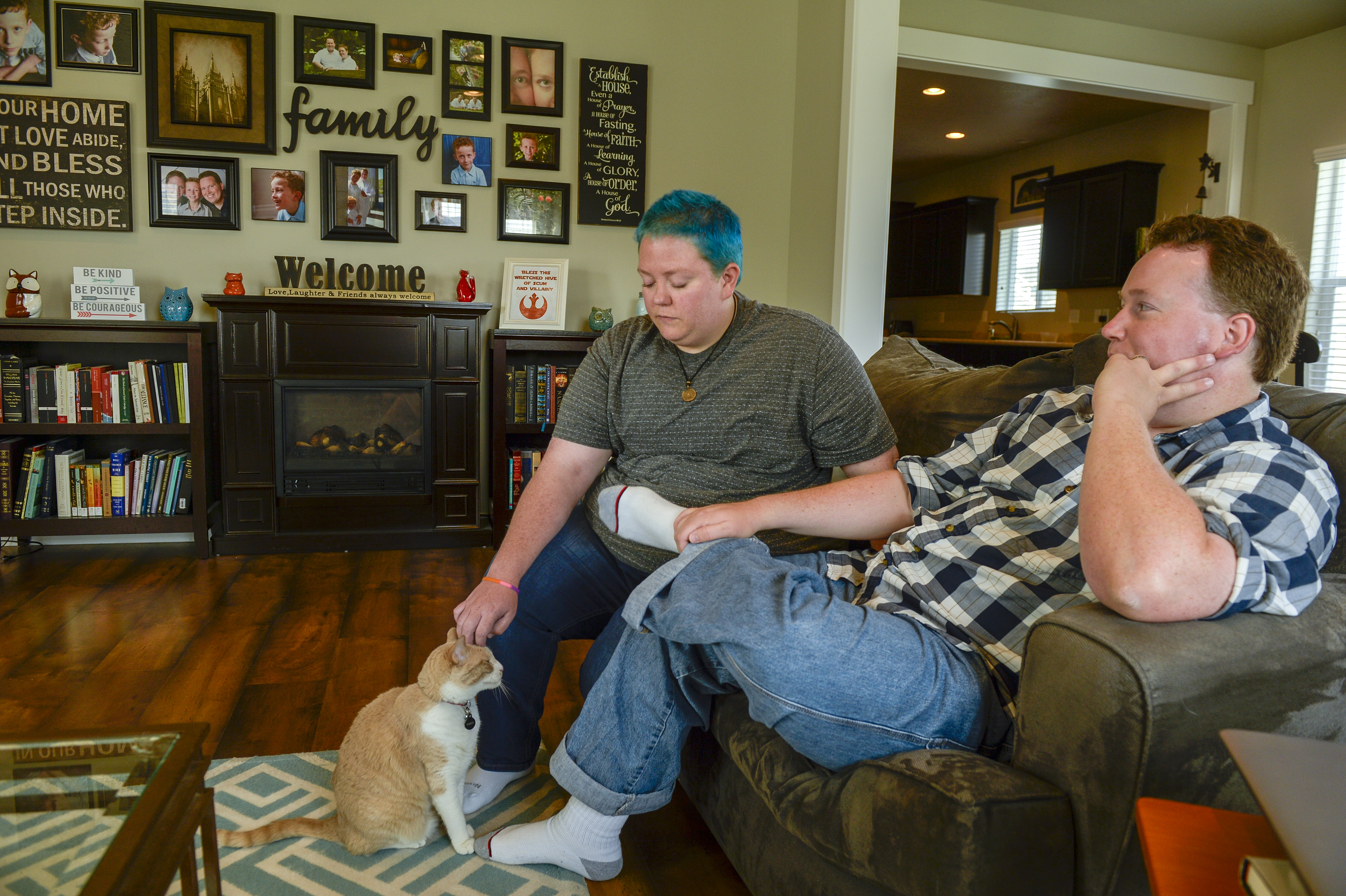 (Leah Hogsten | The Salt Lake Tribune) After a lifetime of feeling like they were born into the wrong body, Kris Irvin came out as transgender three years ago at the age of 28. "I'm trying to be considerate of his feelings," said Kris of their husband Nate, while discussing Kris' body dysphoria and their desires for top surgery to remove Kris' breasts. Kris feels the surgery is not negotiable, but the Irvin's LDS bishop has said that he considers it against policy and grounds for discipline.