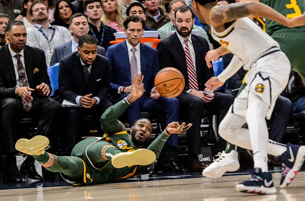 (Trent Nelson | The Salt Lake Tribune) Utah Jazz forward Jae Crowder (99) tries to save the ball as the Utah Jazz host the Denver Nuggets, NBA basketball in Salt Lake City on Wednesday Jan. 23, 2019.