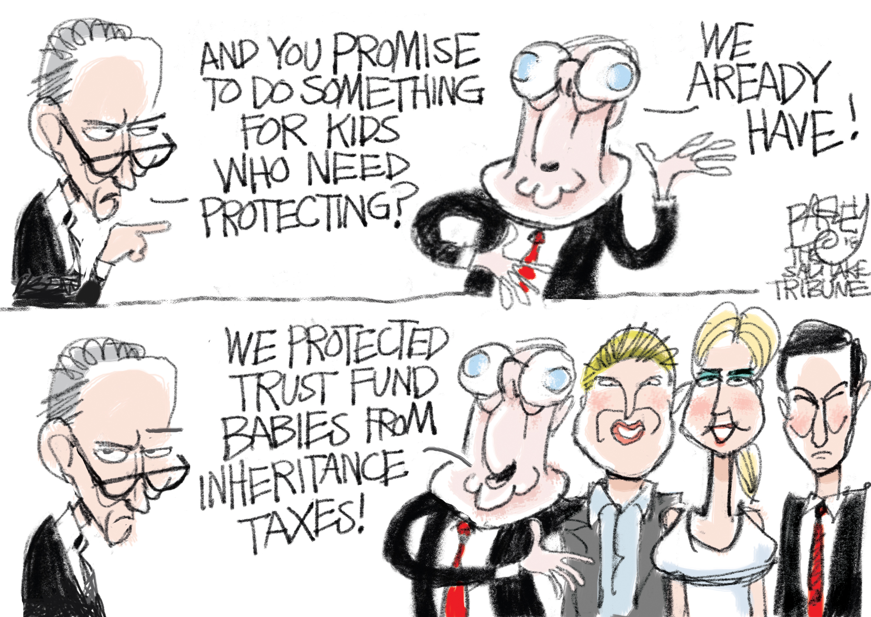 This Pat Bagley cartoon, titled “For the children,” appears in the Salt Lake Tribune Wednesday, Jan. 24, 2018.