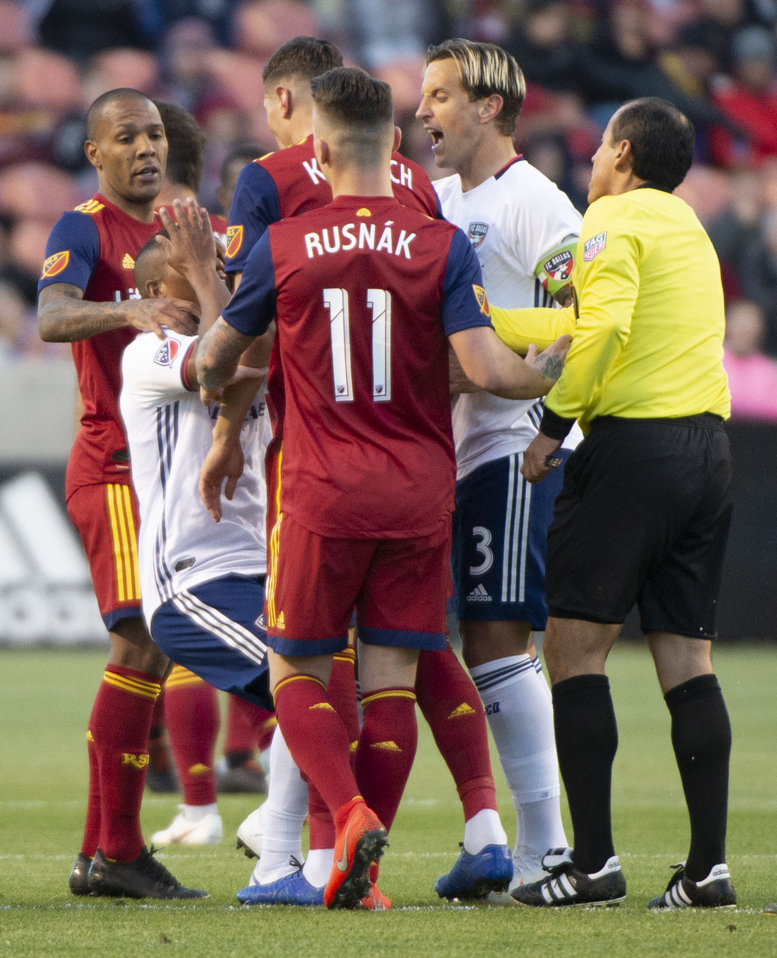(Rick Egan | The Salt Lake Tribune) Real Salt Lake midfielder Damir Kreilach (8) receives a red card on this play, in MLS action between Real Salt Lake and FC Dallas, at Rio Tinto Stadium, Saturday, March 30, 2019. 