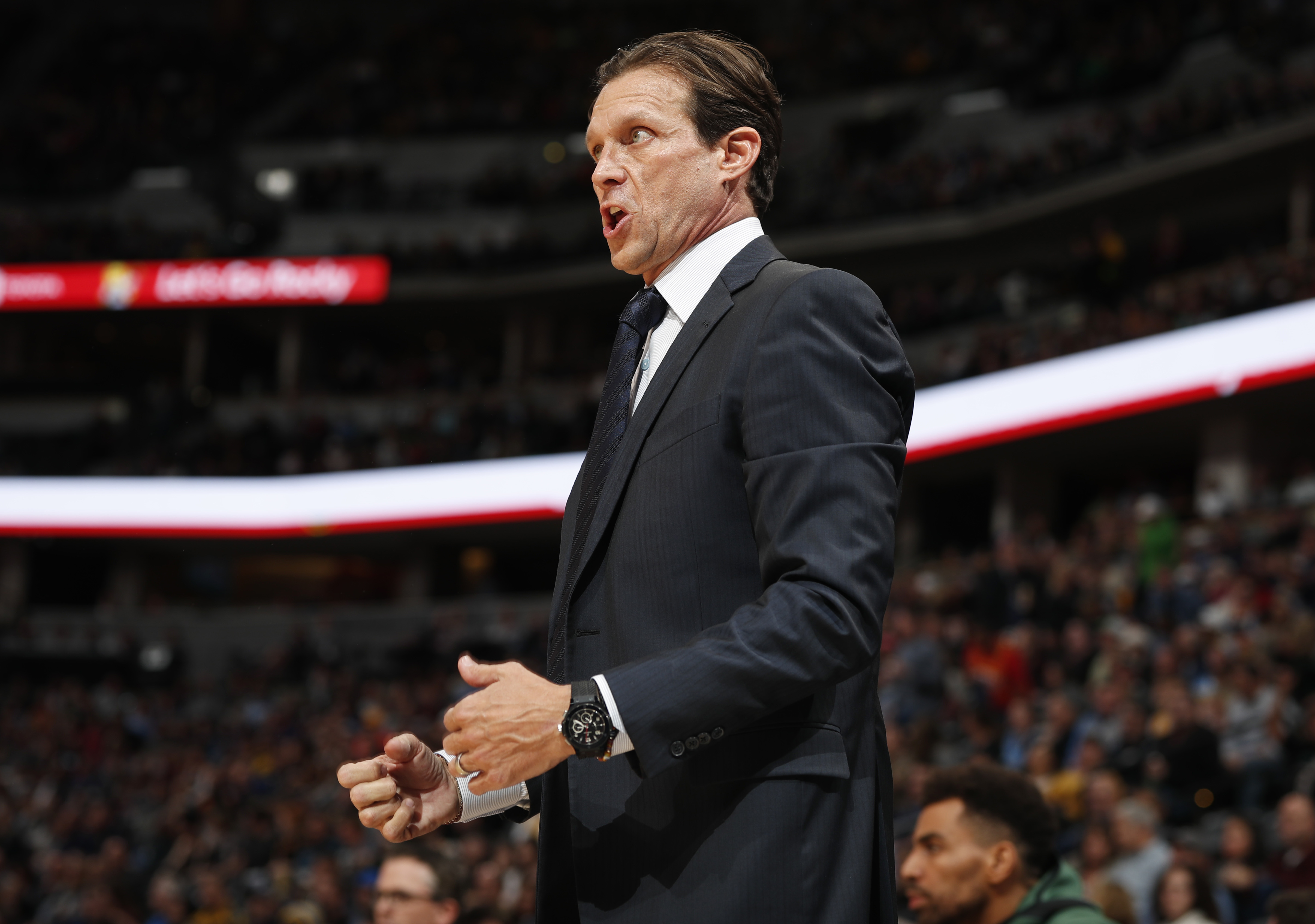 Utah Jazz coach Quin Snyder directs his team against the Denver Nuggets during the first half of an NBA basketball game Saturday, Nov. 3, 2018, in Denver. (AP Photo/David Zalubowski)