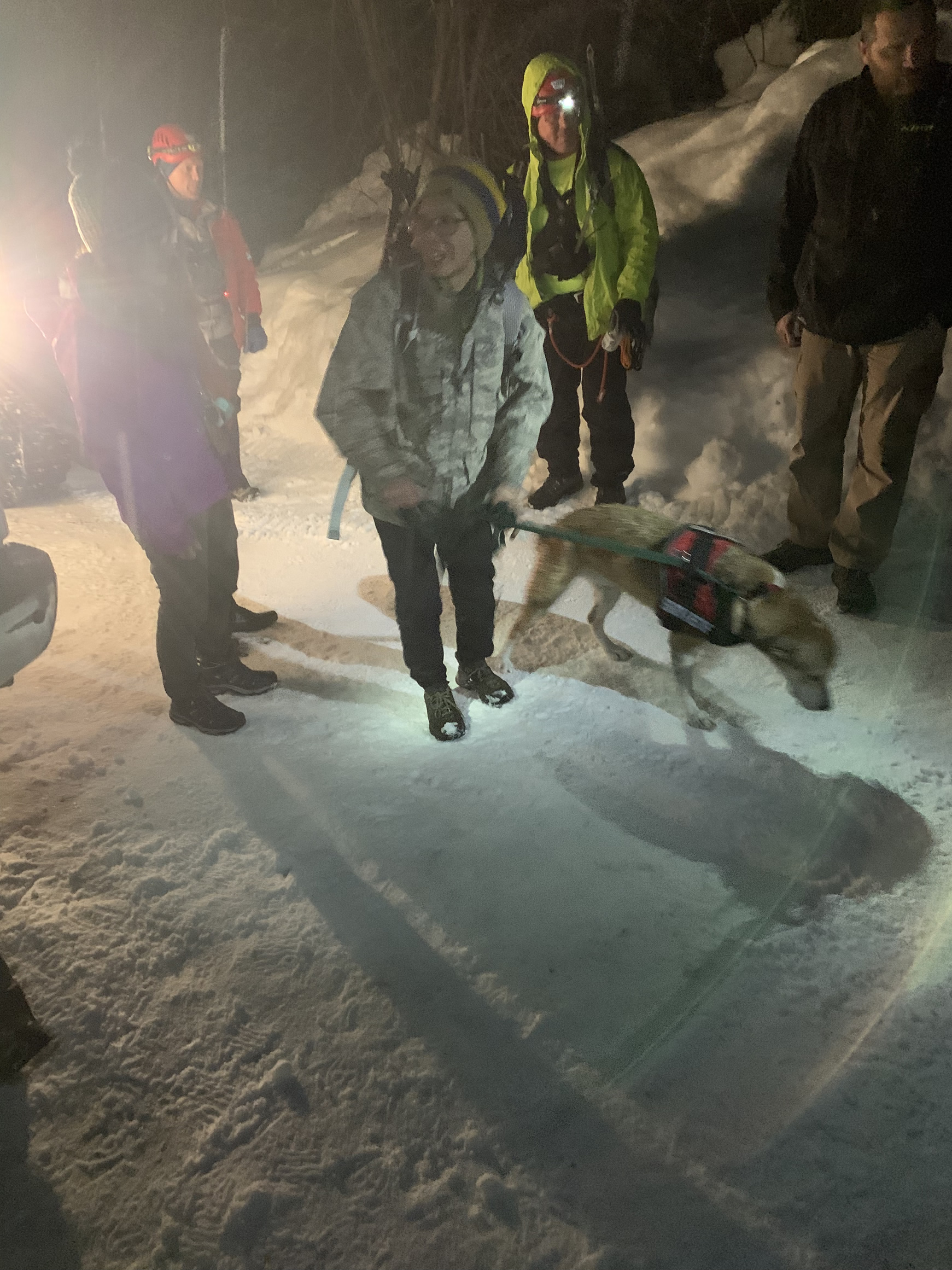 (Photo courtesy of the Utah County Sheriff's Office) Rescuers help a dog that fell into a 40-foot snow cavern at Stewart Falls near Sundance Ski Resort. The dog, Beeroo, fell through a hole in the ceiling on Saturday, Feb. 2. The dog was reunited with its owner.