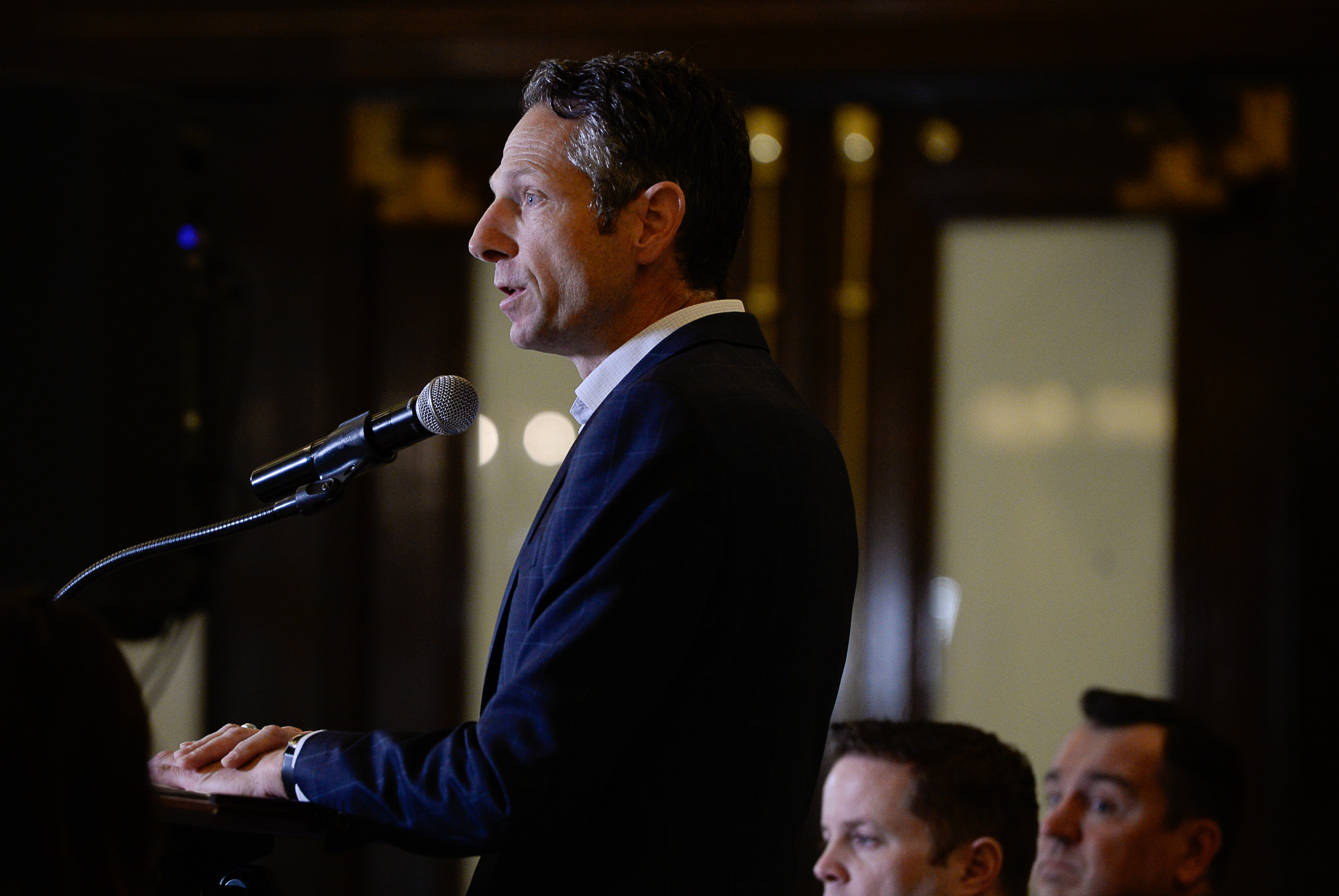 (Francisco Kjolseth | The Salt Lake Tribune) Derek Miller, President and CEO of the Salt Lake Chamber and Downtown Alliance joins other community leaders to relay new reports claiming that The Gateway and the Rio Grande area of downtown Salt Lake City has seen a "dramatic decrease" in crime. Gathered in the Grand Hall at The Gateway, on Tuesday, April 2, 2019, the 1.4 million square foot lifestyle destination is owned and managed by Vestar, as it goes through a $100 million redevelopment. 