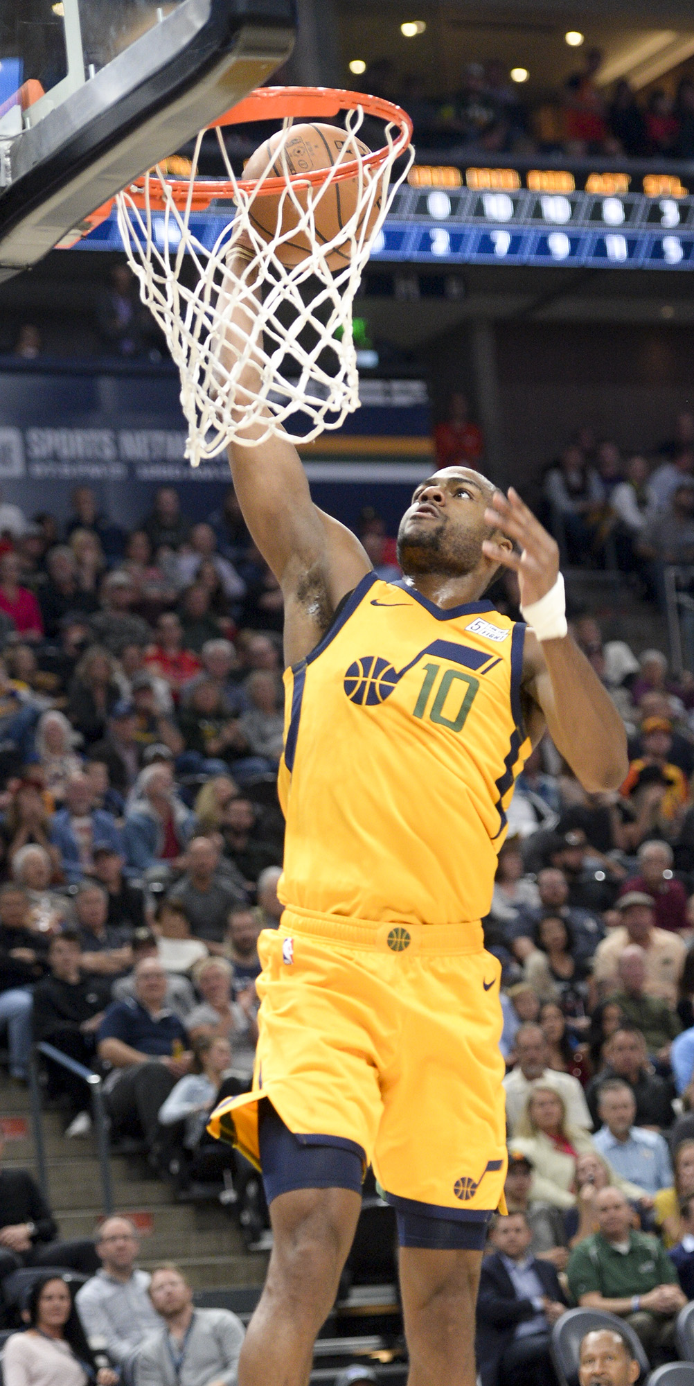 Leah Hogsten | The Salt Lake Tribune Utah Jazz guard Alec Burks (10) hits the net as the Utah Jazz host the Toronto Raptors, Monday, Nov. 5, 2018 at Vivant Smart Home Arena.