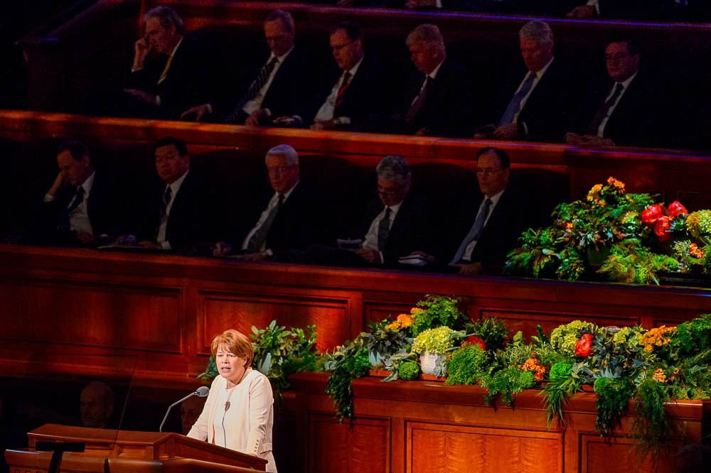 (Trent Nelson | The Salt Lake Tribune) Sharon Eubank, first counselor in the general presidency of the Relief Society, speaks during the morning session of the189th Annual General Conference of The Church of Jesus Christ of Latter-day Saints in Salt Lake City on Sunday April 7, 2019.