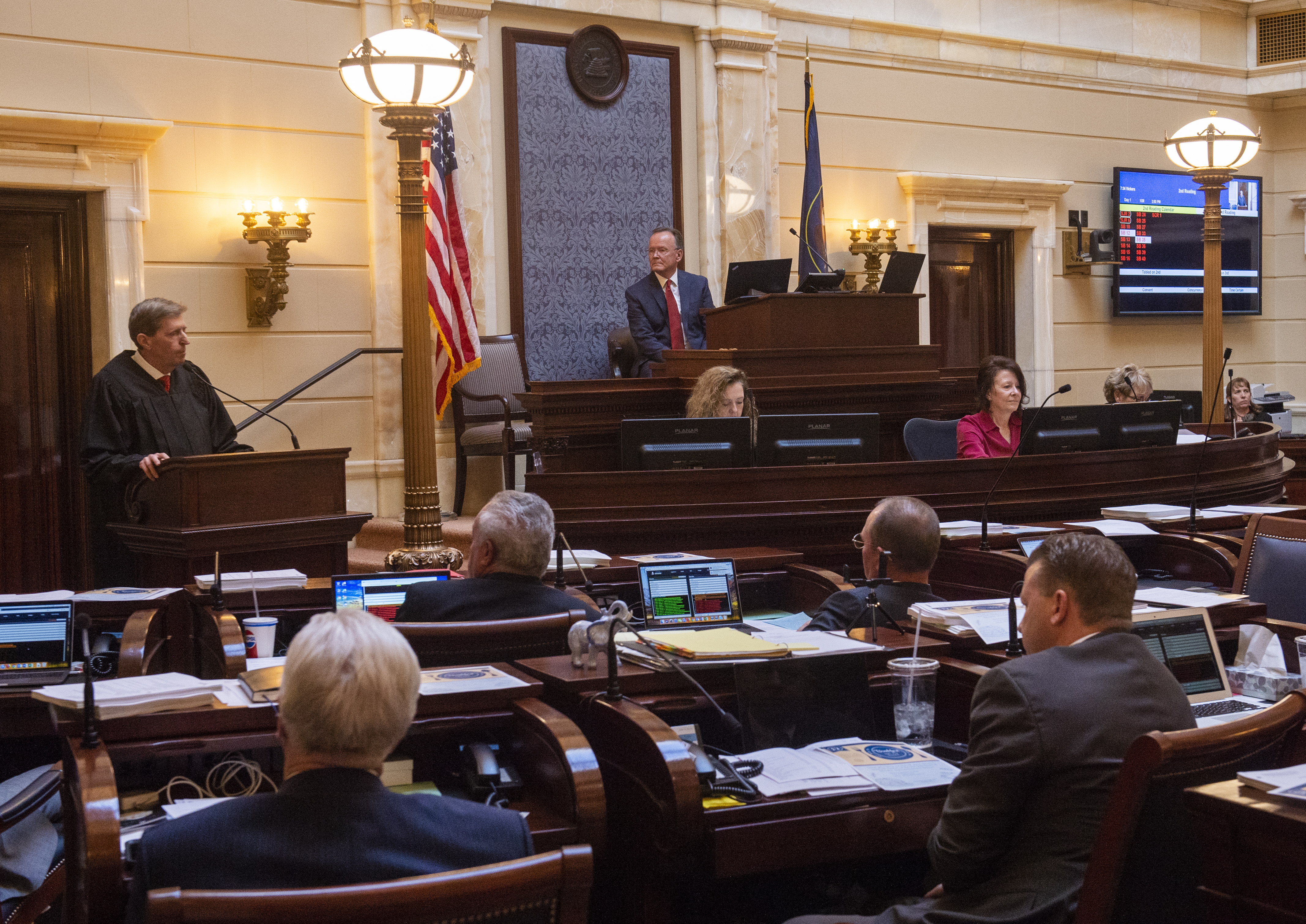 (Rick Egan | The Salt Lake Tribune) New Senate President Stuart Adams listens as Matthew B. Durrant, Chief Justice of the Utah Supreme Court and Chair of the Utah Judicial Council, gives his State of the Judiciary Address in the Senate, Monday, Jan. 28, 2019. 