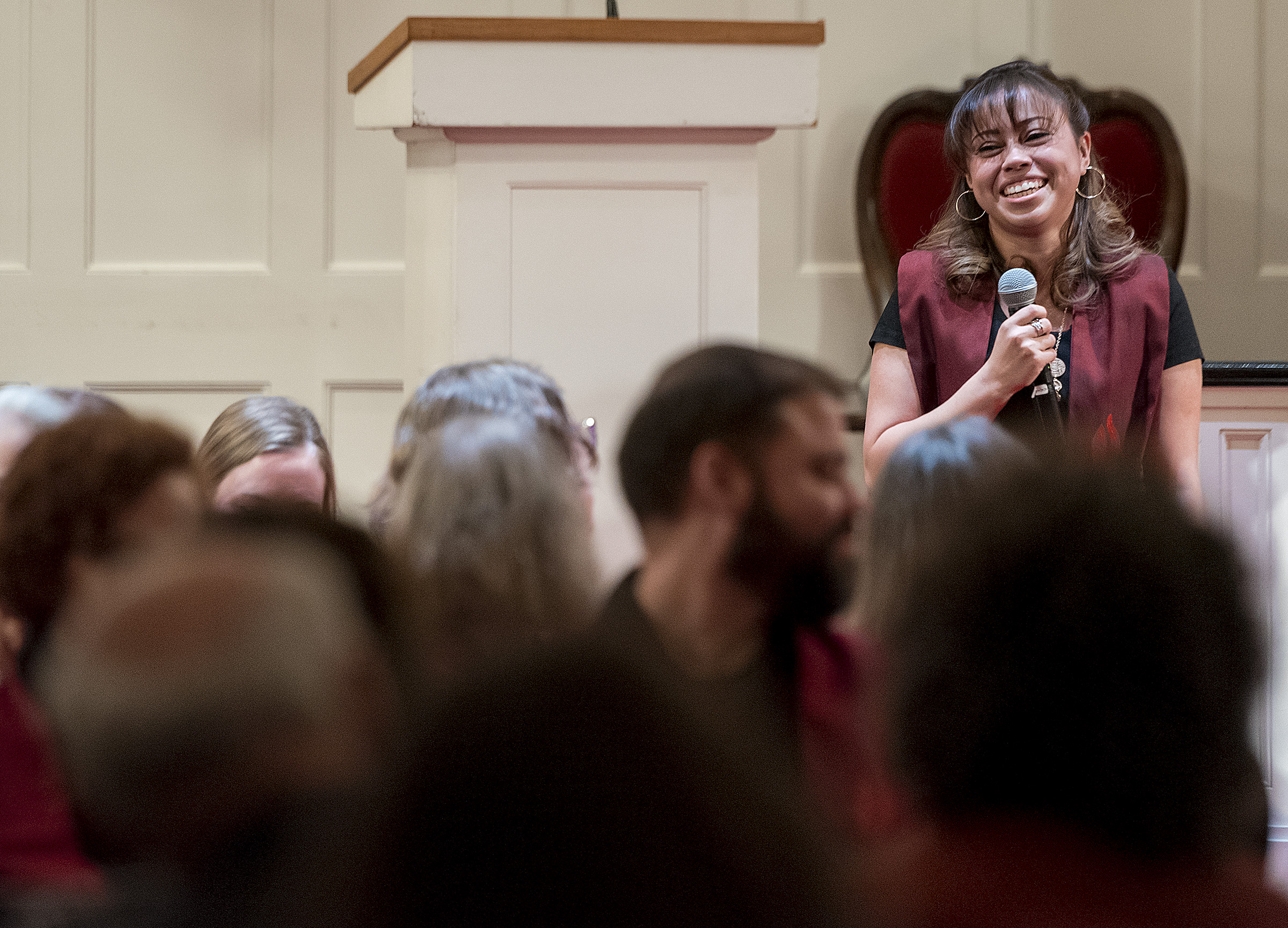 Michael Mangum | Special to the Tribune In light spirit, Vicky Chavez speaks to the congregation during a vigil held at First Unitarian Church in Salt Lake City, UT on Wednesday, January 30th, 2019. The vigil marked the one-year anniversary of when Chavez came to the church with her children seeking sanctuary from deportation.