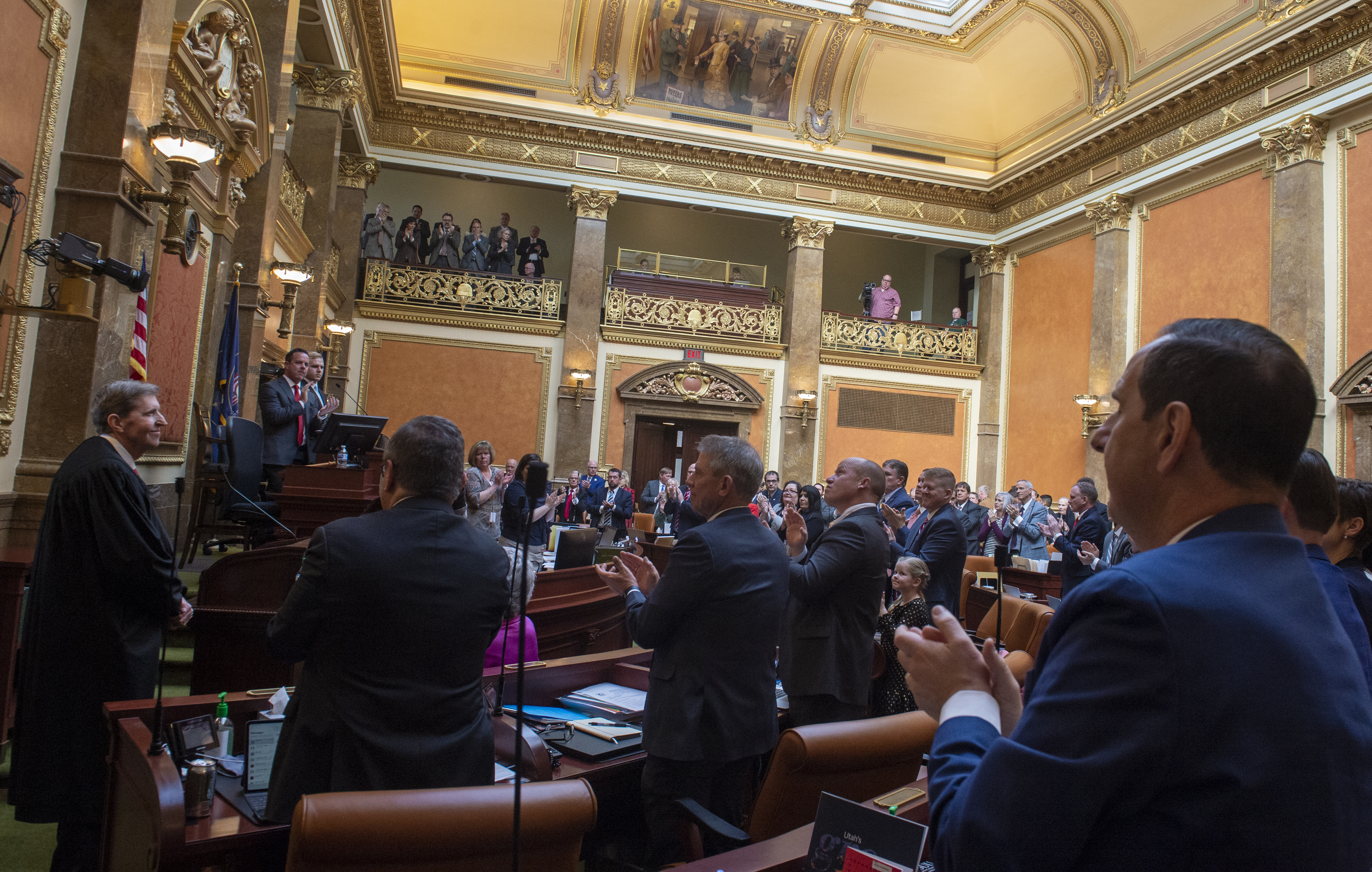 (Rick Egan | The Salt Lake Tribune) Members of the House or Representatives give a standing ovation to Matthew B. Durrant, Chief Justice of the Utah Supreme Court and Chair of the Utah Judicial Council, after he delivered his State of the Judiciary Address in the House, Monday, Jan. 28, 2019. 