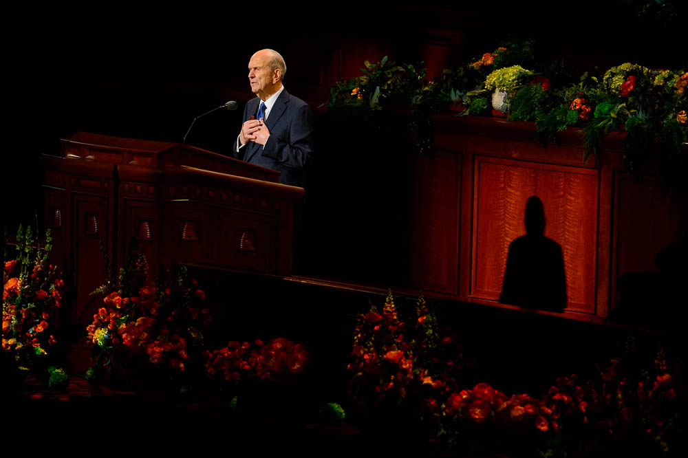 (Trent Nelson | The Salt Lake Tribune) President Russell M. Nelson speaks during the morning session of the189th Annual General Conference of The Church of Jesus Christ of Latter-day Saints in Salt Lake City on Sunday April 7, 2019.