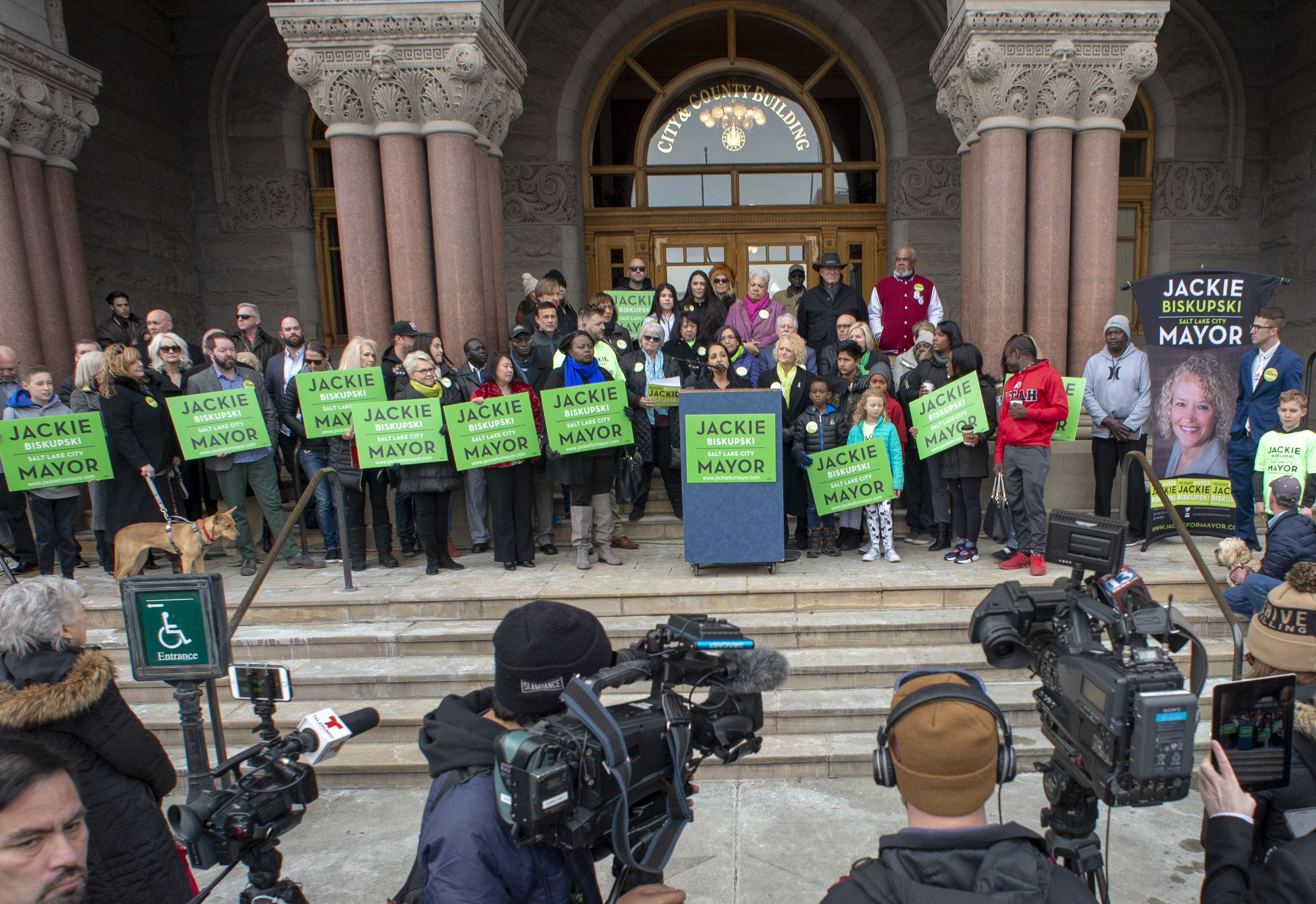 (Rick Egan | The Salt Lake Tribune) Supporters gather on the east steps of the City Building, as Salt Lake City Mayor Jackie Biskupski launches her re-election campaign as she seeks a second term. Saturday, Feb. 9, 2019. 