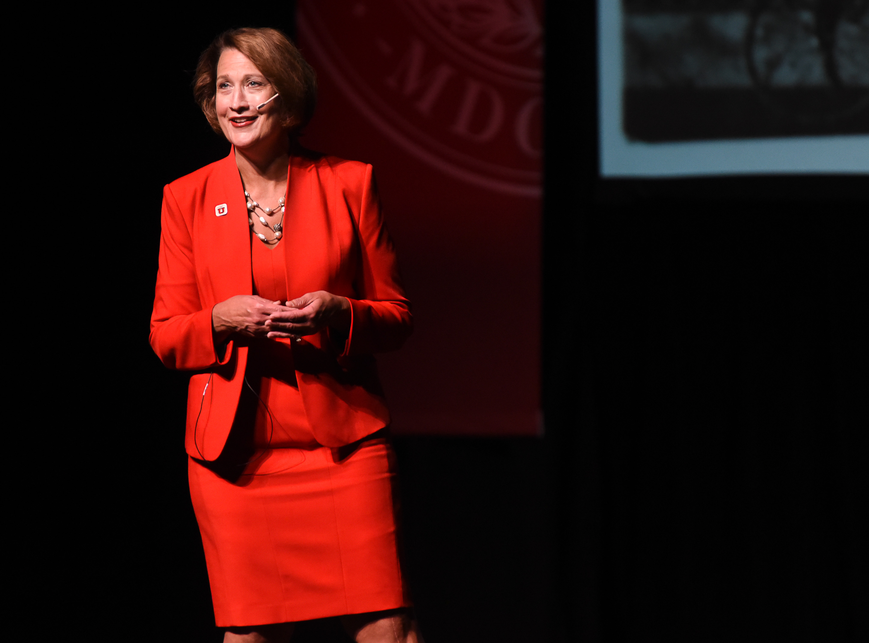(Francisco Kjolseth | The Salt Lake Tribune) Ruth Watkins addresses the crowd during her inauguration as the University of Utah's 16th president, and first female, at Kingsbury Hall on Friday, Sept. 21, 2018.