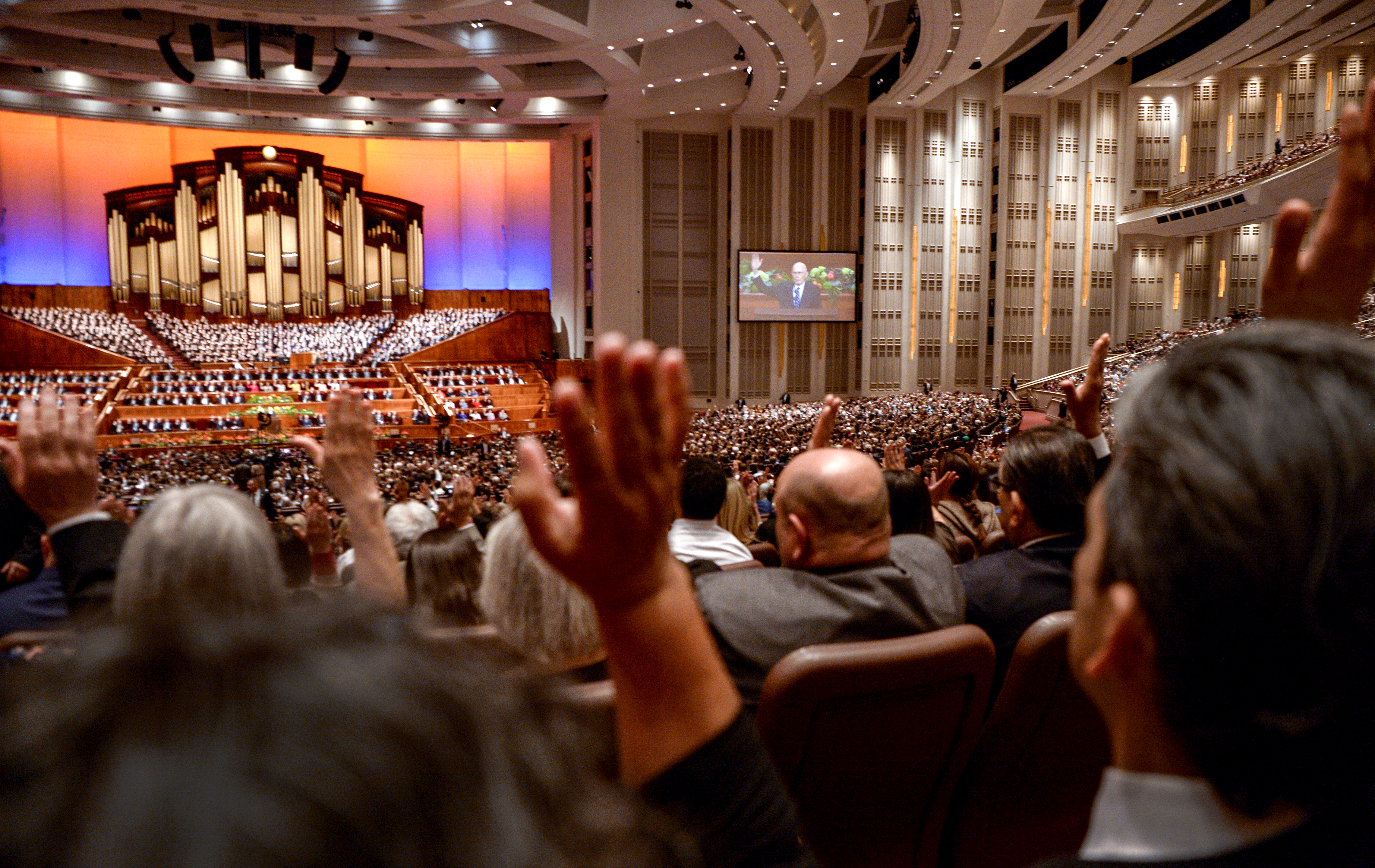 Leah Hogsten | The Salt Lake Tribune Members give their sustaining votes for new leadership during 189th Annual General Conference of The Church of Jesus Christ of Latter-day Saints, April 6, 2019 in Salt Lake City. Ten new general authority Seventies were named, including Peter M. Johnson, an African American born in New York, Benjamin M. Z. Tai, who was born in Hong Kong, and four leaders who were born in Latin America. during 189th Annual General Conference of The Church of Jesus Christ of Latter-day Saints, April 6, 2019 in Salt Lake City. 