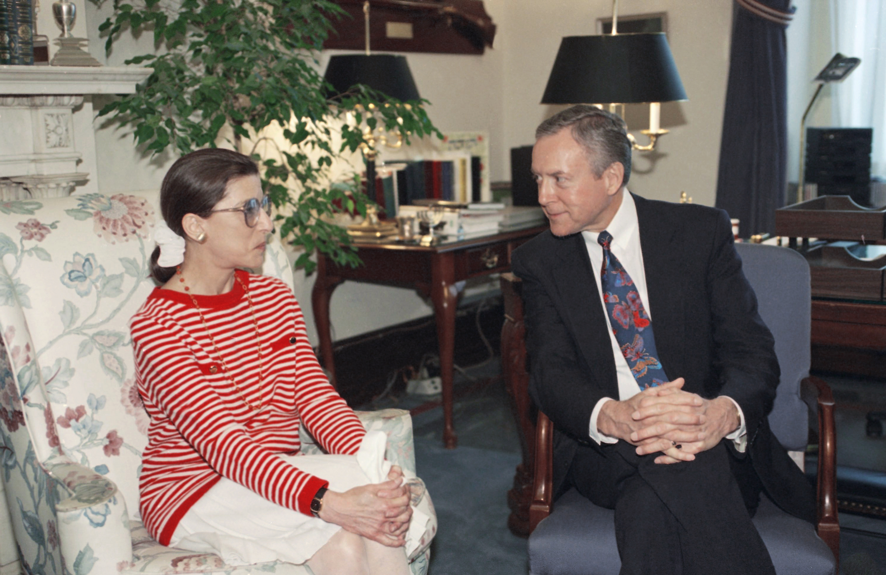 (Marcy Nighswander | AP Photo) Federal Appeals Judge Ruth Bader Ginsburg meets with Sen. Orrin Hatch, R-Utah, ranking Republican of the Senate Judiciary Committee, on Tuesday, June 15, 1993 on Capitol Hill. The judge went to Capitol Hill Tuesday to pay a courtesy call on the senators who will vote on her nomination. Ginsburg is President Bill Clinton's choice to fill the vacant Supreme Court seat of Byron White.