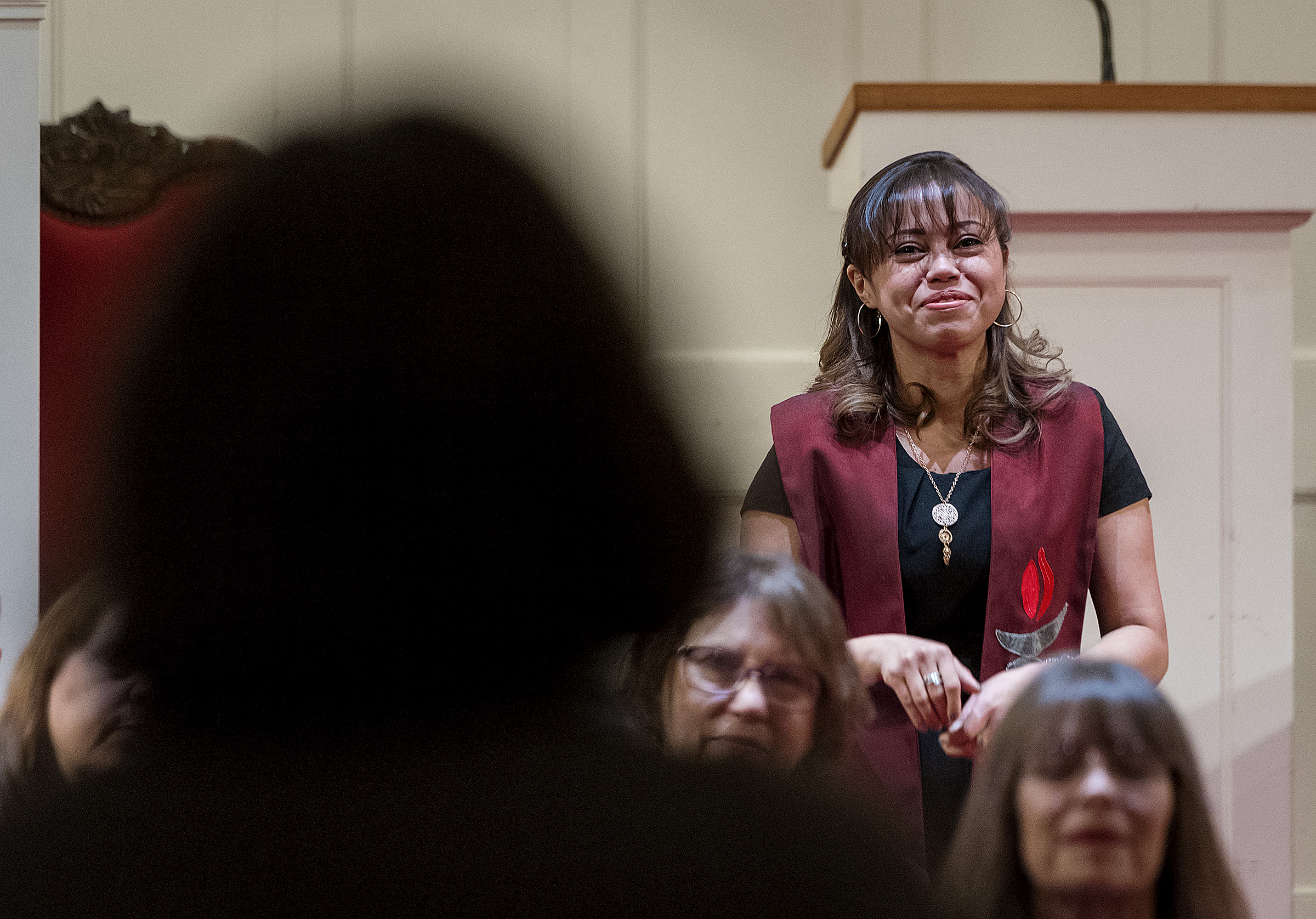 Michael Mangum | Special to the Tribune Members of the congregation give Vicky Chavez, center, their well wishes, as Rev. Monica Dobbins, right, listens during a vigil held at First Unitarian Church in Salt Lake City, UT on Wednesday, January 30th, 2019. The vigil marked the one-year anniversary of when Chavez came to the church with her children seeking sanctuary from deportation.