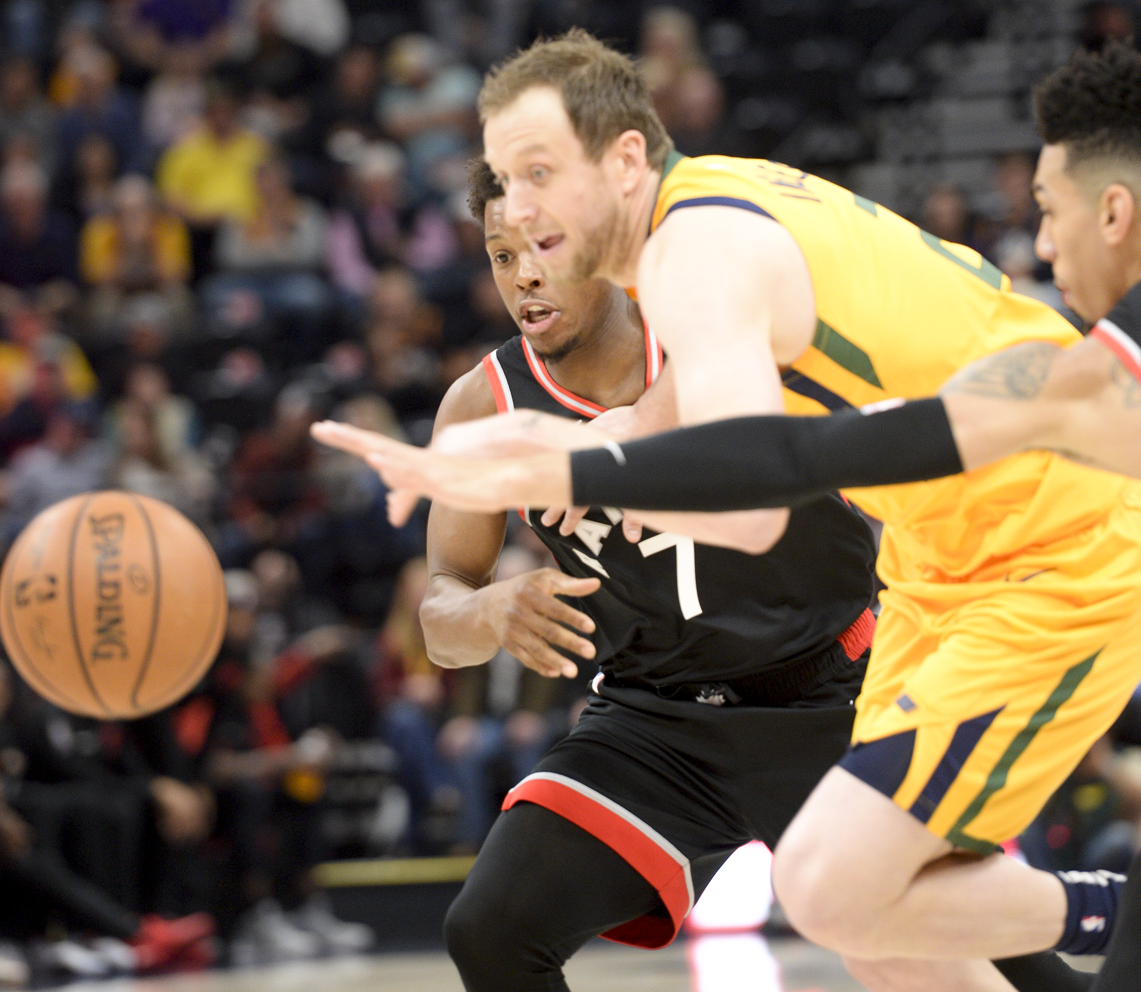 Leah Hogsten | The Salt Lake Tribune Utah Jazz forward Joe Ingles (2) pulls in the loose ball before Toronto Raptors guard Kyle Lowry (7) as the Utah Jazz host the Toronto Raptors, Monday, Nov. 5, 2018 at Vivant Smart Home Arena.