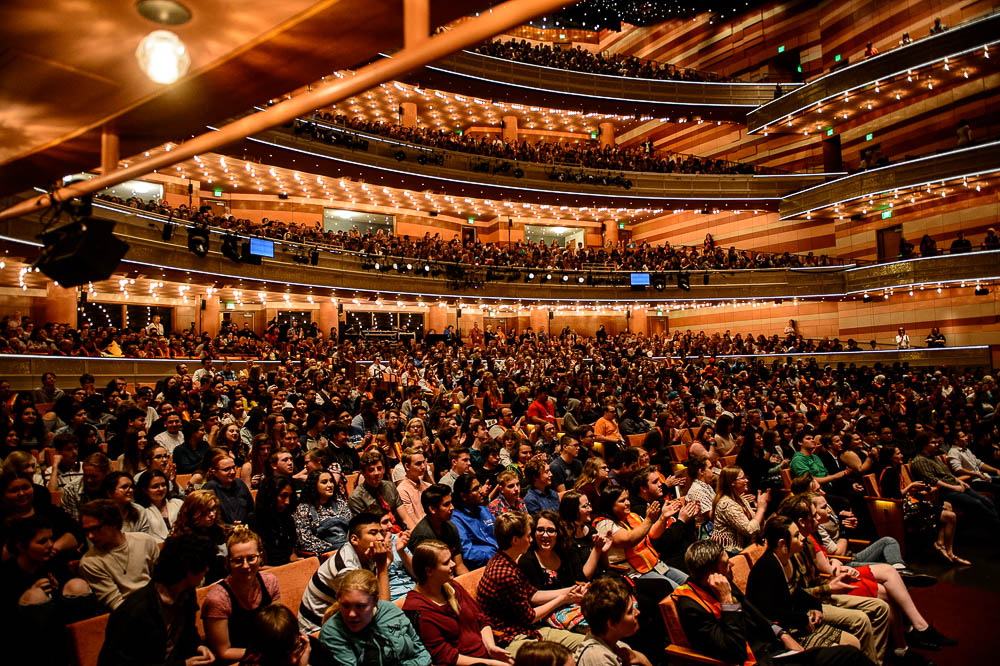 (Trent Nelson | The Salt Lake Tribune) Students in the Hamilton Education Project, or EduHam, watch their fellow students perform for the cast of "Hamilton," at the Eccles Theater in Salt Lake City, Friday May 4, 2018.