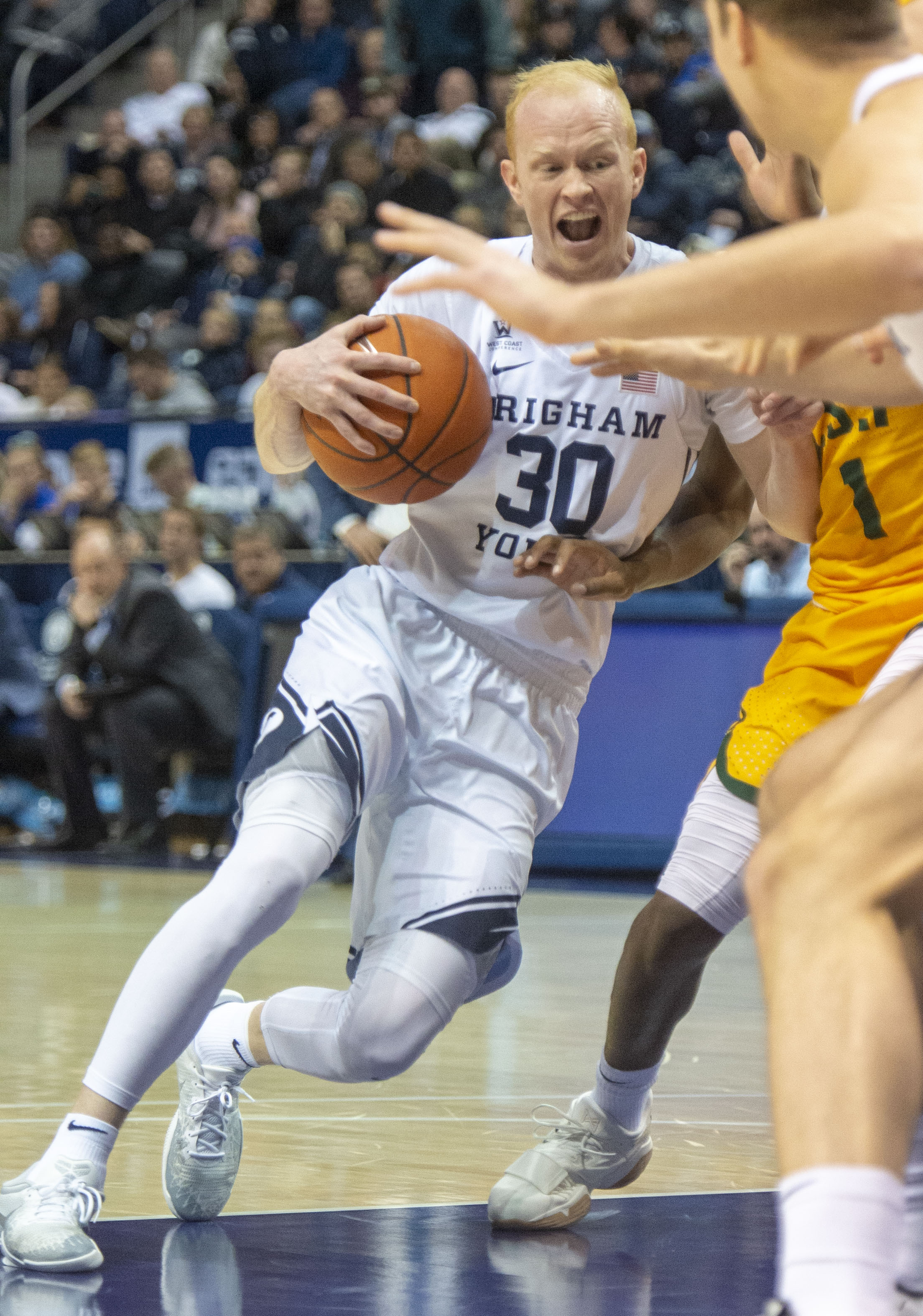 (Rick Egan | The Salt Lake Tribune) Brigham Young Cougars guard TJ Haws (30) drives to the hoop, in WCC basketball action at the Marriott Center, Thursday, February 21, 2018. 
