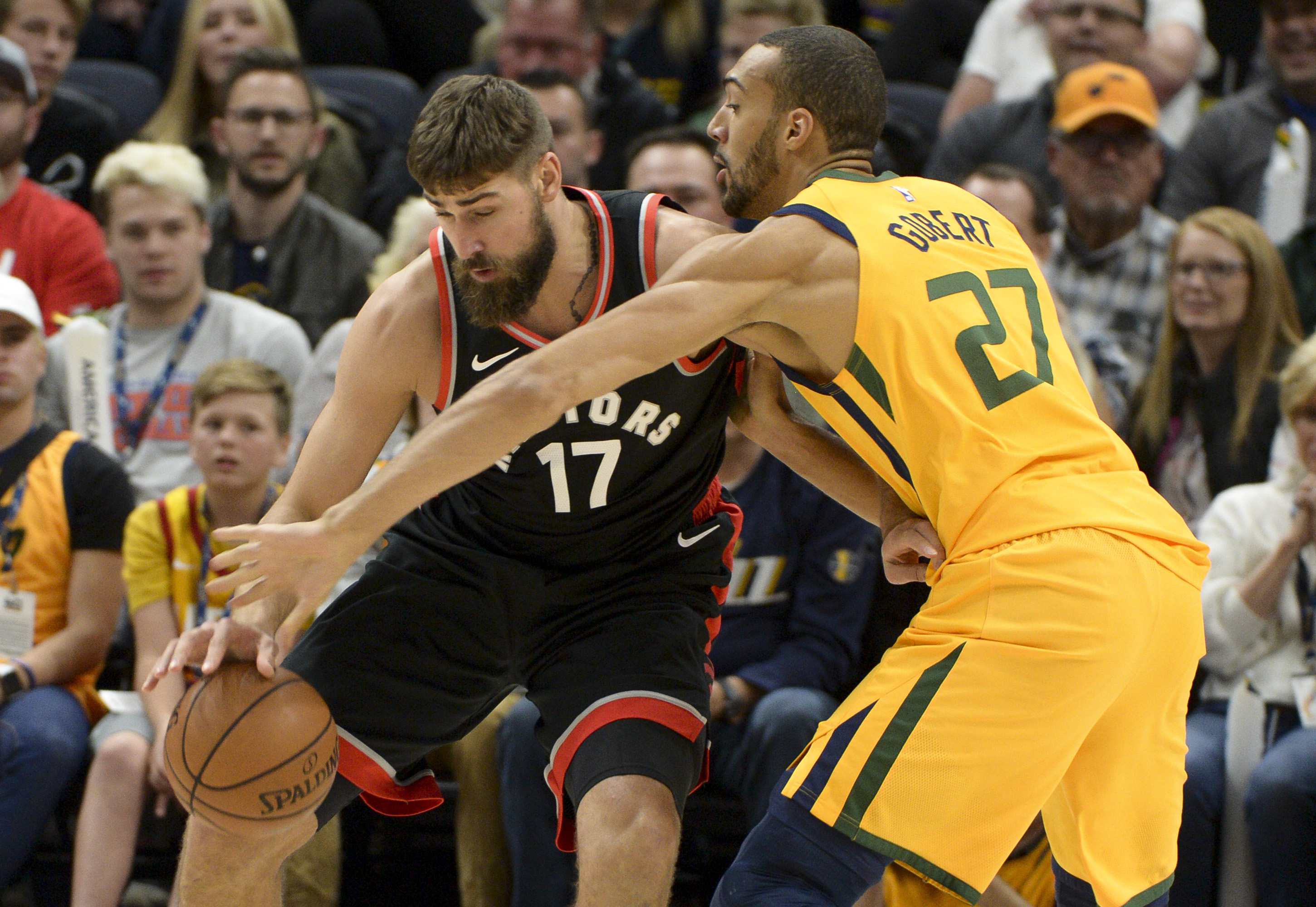 Leah Hogsten | The Salt Lake Tribune Utah Jazz center Rudy Gobert (27) pressures Toronto Raptors center Jonas Valanciunas (17)as the Utah Jazz host the Toronto Raptors, Monday, Nov. 5, 2018 at Vivant Smart Home Arena.