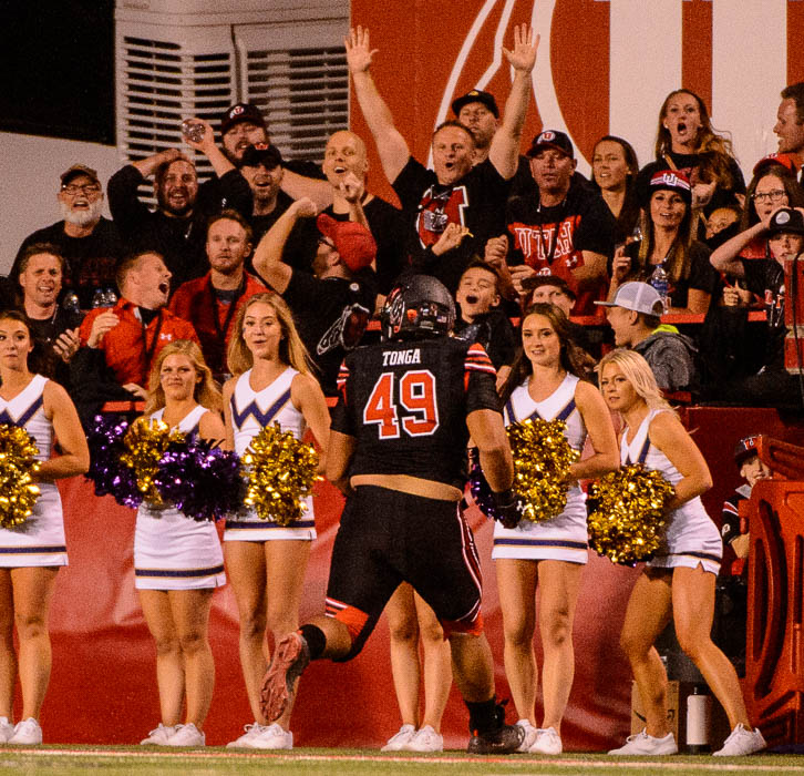 (Trent Nelson | The Salt Lake Tribune) Utah Utes defensive tackle Pita Tonga (49) chases his fumbled interception out of bounds as the University of Utah hosts Washington at Rice-Eccles Stadium in Salt Lake City, Saturday Sept. 15, 2018.