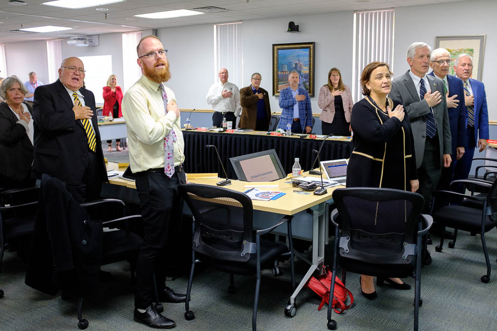 (Trent Nelson | The Salt Lake Tribune) The current UTA Board says the Pledge of Allegiance to begin its final-ever meeting in Salt Lake City on Thursday Oct. 25, 2018. After scandals, the Legislature restructured the agency. And the current 16-member, part-time board is about to be replaced by a new full-time, three-member commission by Nov. 1.