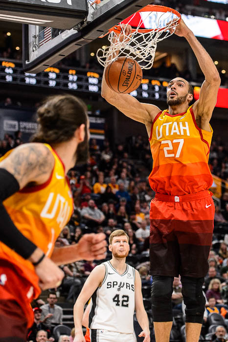 (Trent Nelson | The Salt Lake Tribune) Utah Jazz center Rudy Gobert (27) dunks as the Utah Jazz host the San Antonio Spurs, NBA basketball in Salt Lake City on Saturday Feb. 9, 2019.