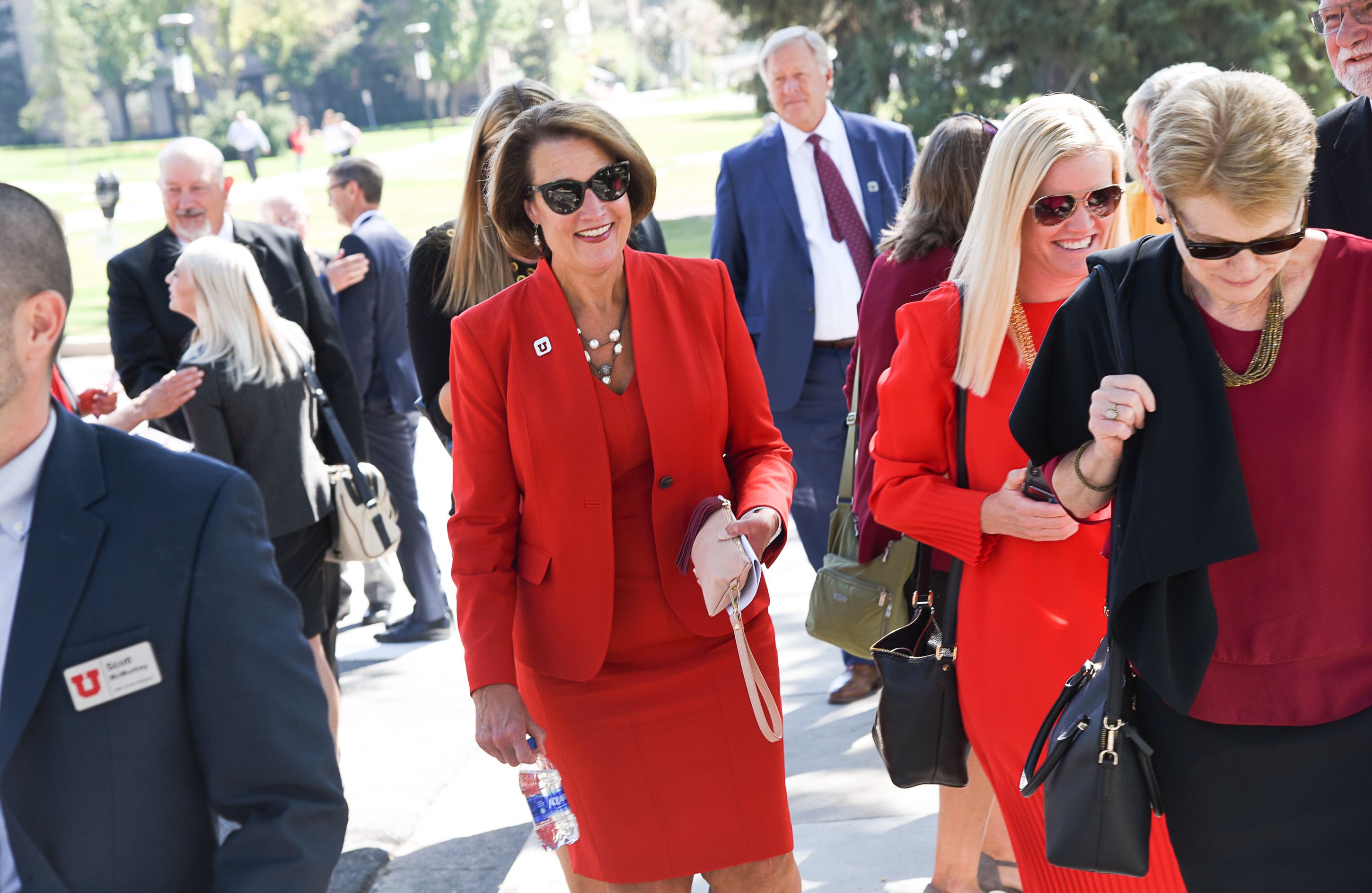 (Francisco Kjolseth | The Salt Lake Tribune) Ruth Watkins is joined by friends and family as she arrives before being inaugurated as the University of Utah's 16th president, and first female, at Kingsbury Hall on Friday, Sept. 21, 2018.