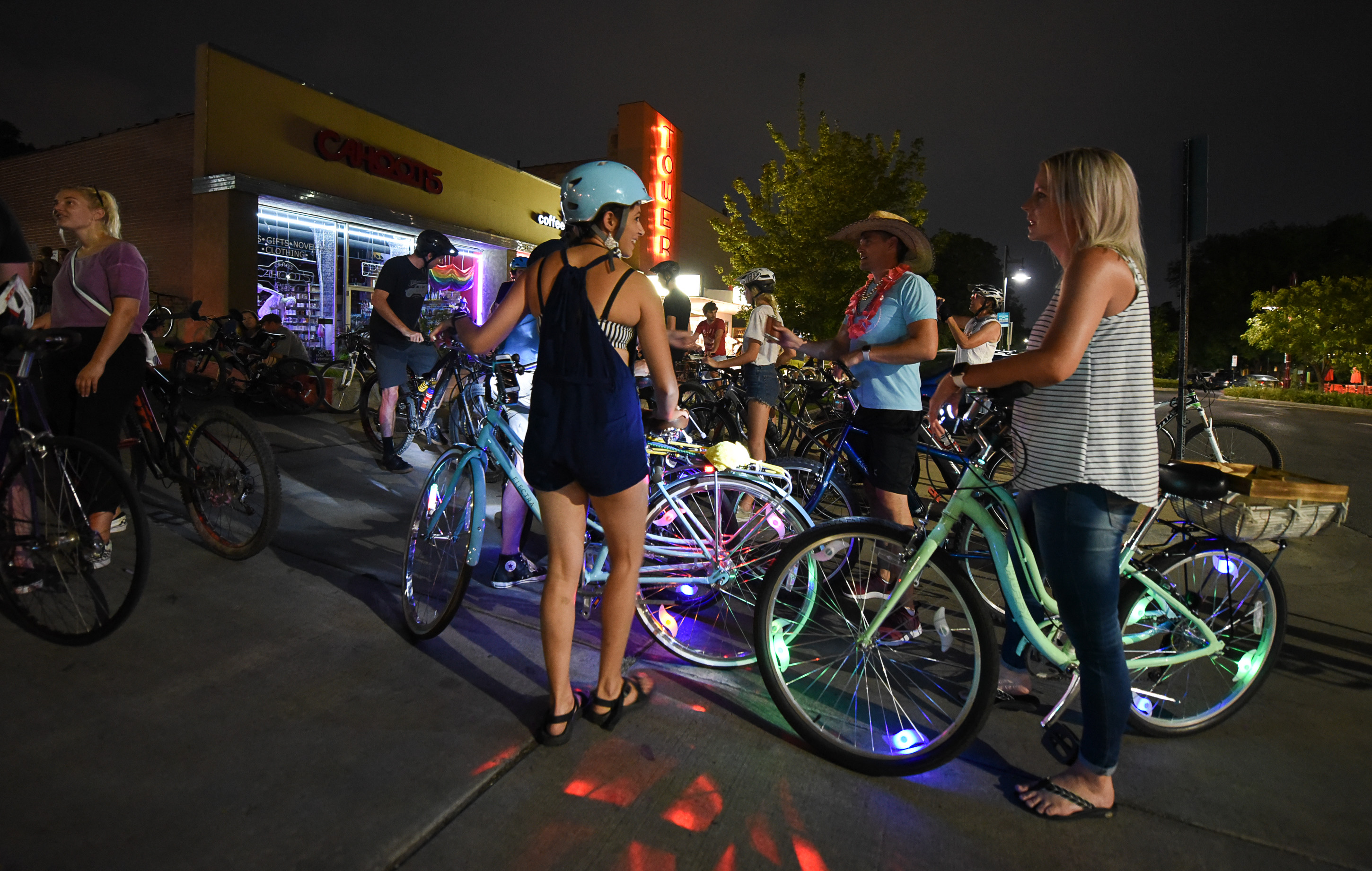 (Francisco Kjolseth | The Salt Lake Tribune) A large group of cyclist gathers on the corner of 9th and 9th at 9pm in Salt Lake City on Thursday, July 26, 2018, for the weekly ride that has become known as the 999 Ride. The inclusive, all-welcoming slow casual social ride happens year round on Thursday nights, with riders often pedaling into the early morning hours. Newly released video shows rider Cameron Hooyer being struck and killed by a FrontRunner train at a downtown railroad crossing during last weeks ride when the 22-year-old failed to stop or heed the warning signals before crossing the tracks during the group ride. 