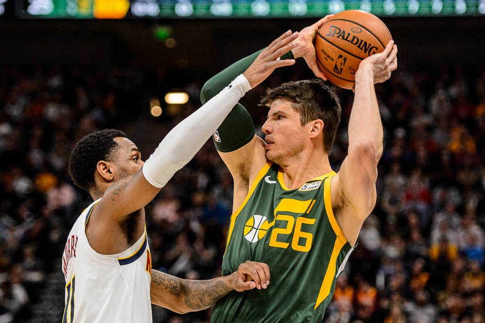 (Trent Nelson | The Salt Lake Tribune) Utah Jazz guard Kyle Korver (26) defended by Denver Nuggets guard Monte Morris (11) as the Utah Jazz host the Denver Nuggets, NBA basketball in Salt Lake City on Wednesday Jan. 23, 2019.