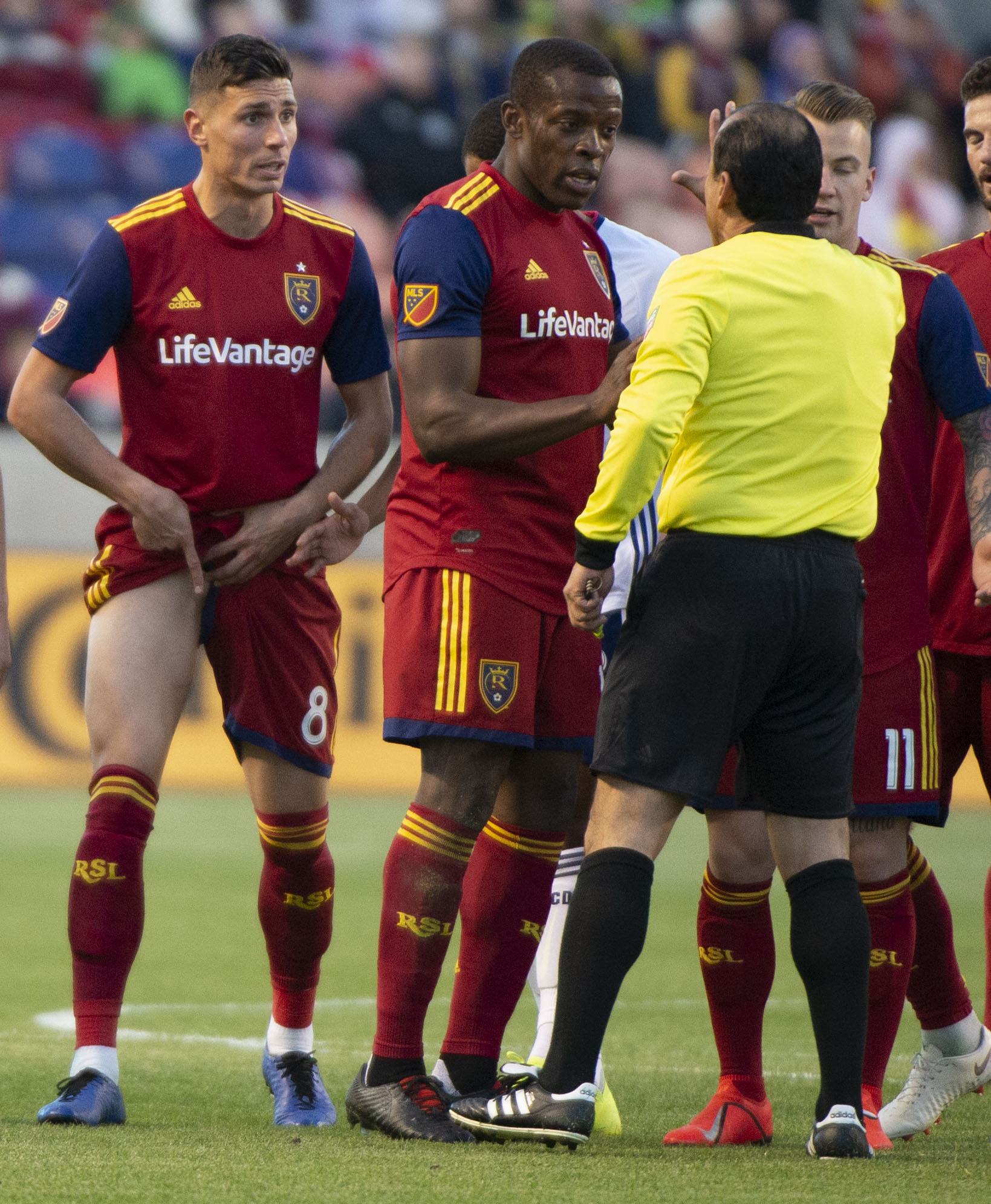 (Rick Egan | The Salt Lake Tribune) Real Salt Lake midfielder Damir Kreilach (8) shows the official his leg after receiving a red card, in MLS action between Real Salt Lake and FC Dallas, at Rio Tinto Stadium, Saturday, March 30, 2019. 