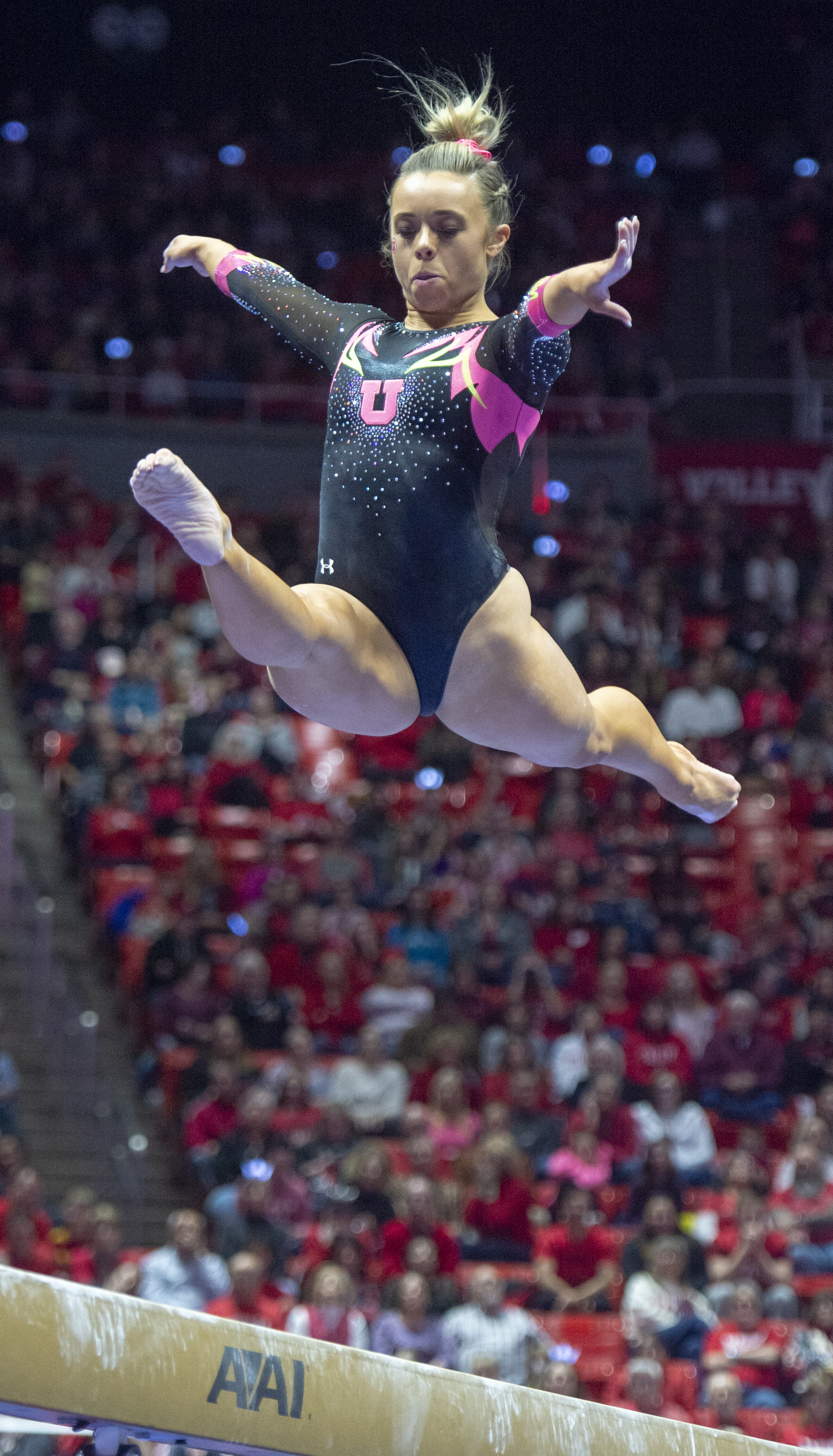 (Rick Egan | The Salt Lake Tribune) Sydney Soloski competes on the balance beam, in PAC-12 Gymnastics action between the Utes and The California Golden Bears, in the Jon M. Huntsman Center, in Salt Lake City, Saturday, Feb. 9, 2019. 