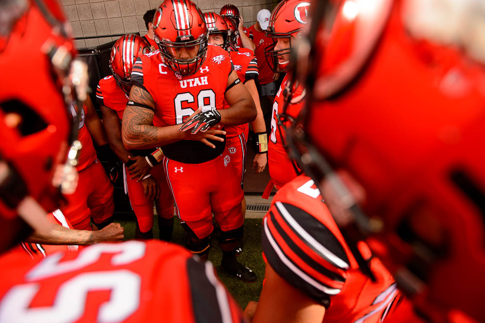 (Trent Nelson | The Salt Lake Tribune) Utah Utes offensive lineman Lo Falemaka (69) leads the team in the huddle before the game as the University of Utah Utes host the Weber State Wildcats, Thursday Aug. 30, 2018 at Rice-Eccles Stadium in Salt Lake City.