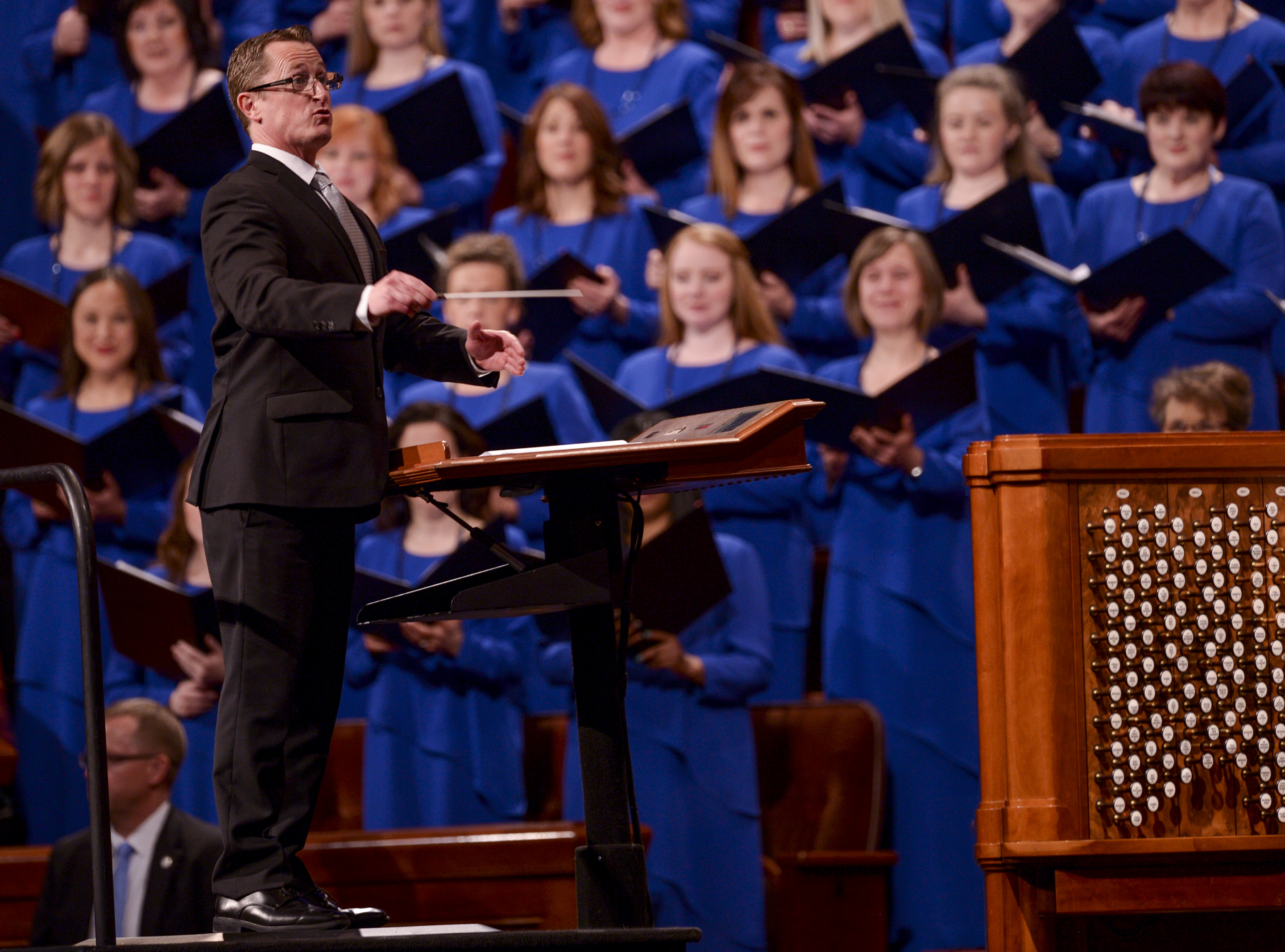Leah Hogsten | The Salt Lake Tribune Conductor Ryan Murphy directs The Tabernacle Choir at Temple Square during 189th Annual General Conference of The Church of Jesus Christ of Latter-day Saints, April 6, 2019 in Salt Lake City.