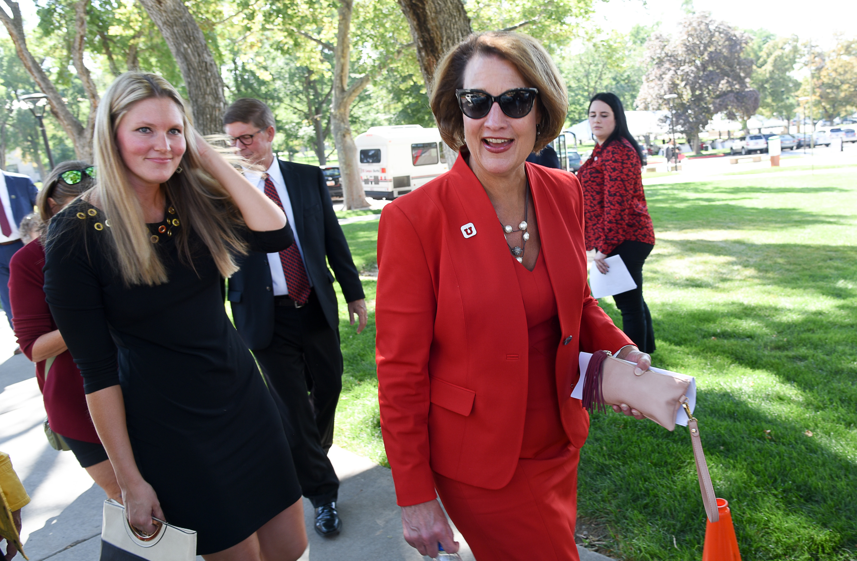 (Francisco Kjolseth | The Salt Lake Tribune) Ruth Watkins is joined by friends and family including her daughter Kimberly Young, at left, as she arrives before being inaugurated as the University of Utah's 16th president, and first female, at Kingsbury Hall on Friday, Sept. 21, 2018.