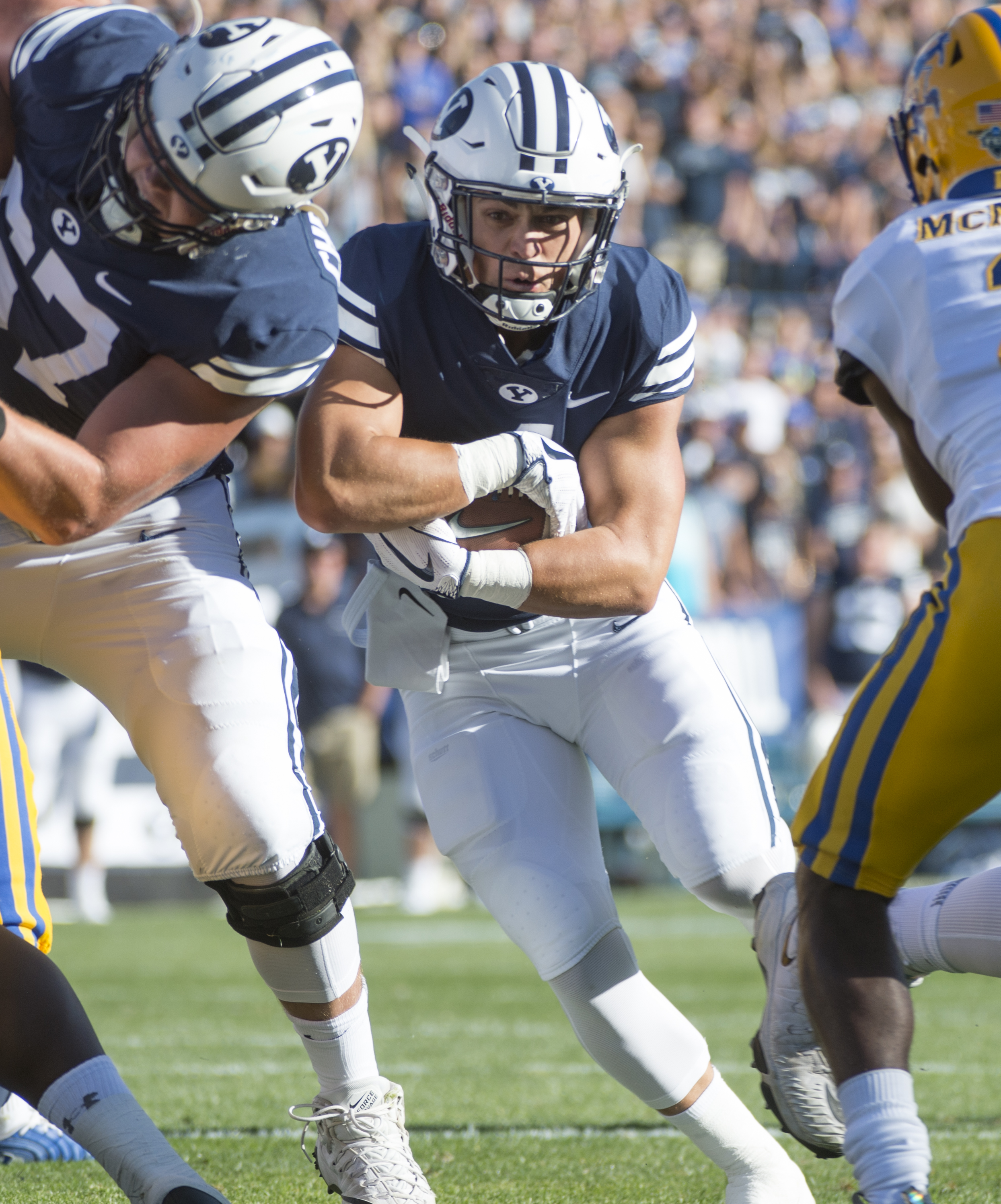 (Rick Egan | The Salt Lake Tribune) Brigham Young Cougars running back Lopini Katoa (4) scores his first of two second quarter touchdowns, in football action Brigham Young Cougars vs McNeese State Cowboys at Lavell Edwards Stadium, Saturday, Sept. 22, 2018. 