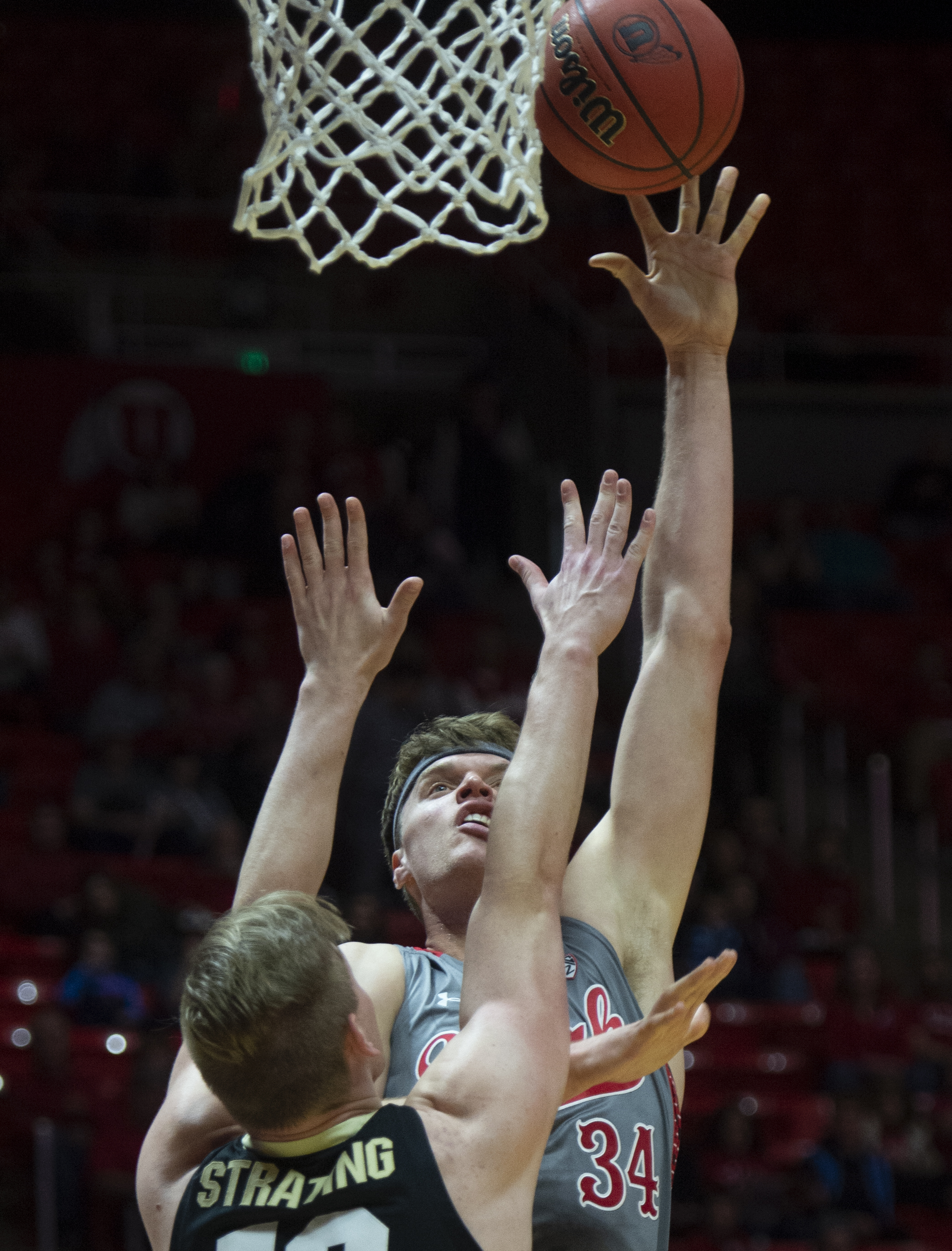 (Rick Egan | The Salt Lake Tribune) Utah Utes center Jayce Johnson (34) shoots over Colorado Buffaloes forward Alexander Strating (10), in PAC-12 basketball action between the Utah Utes and the Colorado Buffaloes at the Jon M. Huntsman Center, Sunday, Jan. 20, 2019. 
